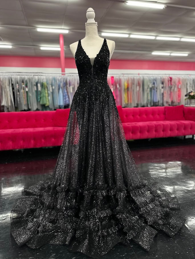 Nina Canacci 7607 Size 4 Black Sheath Prom Dress Sheer A Line Overskirt Ruffles Sequin V Neckline Corset Lace Up Back - Image 3