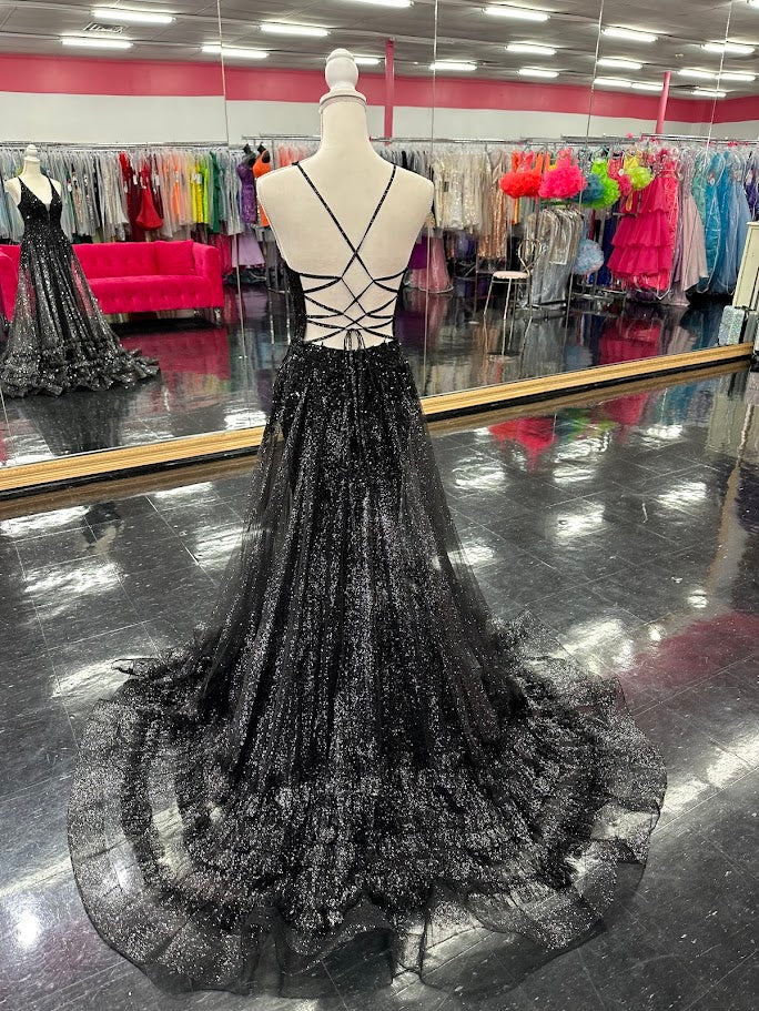 Nina Canacci 7607 Size 4 Black Sheath Prom Dress Sheer A Line Overskirt Ruffles Sequin V Neckline Corset Lace Up Back - Image 4