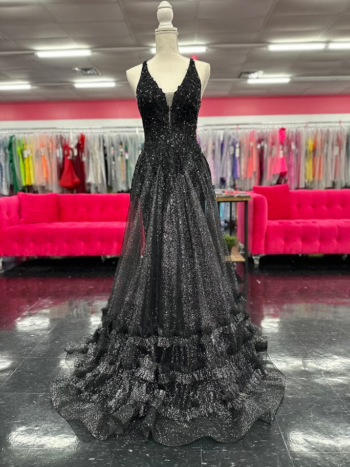 Nina Canacci 7607 Size 4 Black Sheath Prom Dress Sheer A Line Overskirt Ruffles Sequin V Neckline Corset Lace Up Back - Image 5