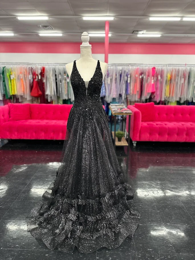 Nina Canacci 7607 Size 4 Black Sheath Prom Dress Sheer A Line Overskirt Ruffles Sequin V Neckline Corset Lace Up Back - Image 6