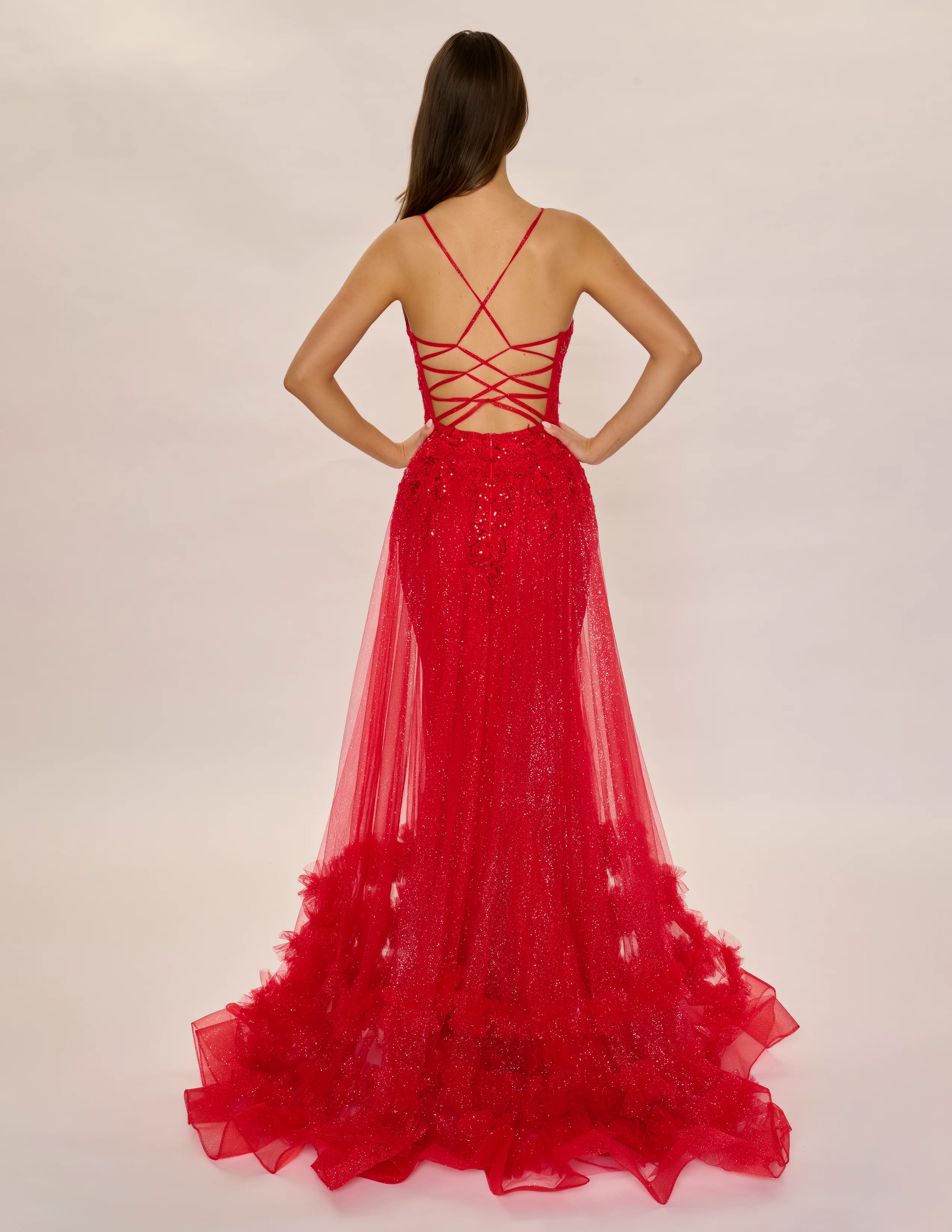 Nina Canacci 7607 Size 4 Black Sheath Prom Dress Sheer A Line Overskirt Ruffles Sequin V Neckline Corset Lace Up Back - Image 8