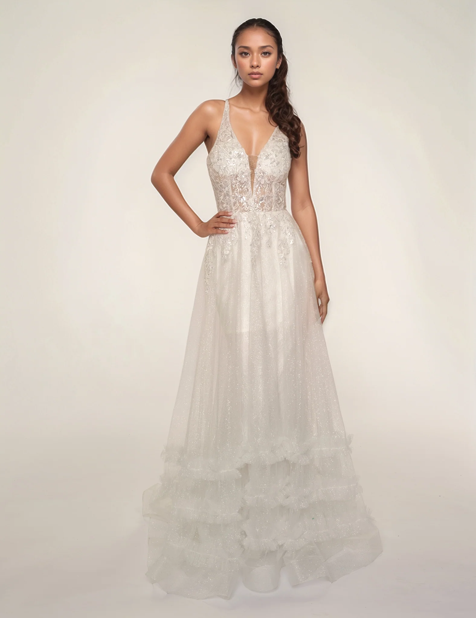 Nina Canacci 7607 Size 4 Black Sheath Prom Dress Sheer A Line Overskirt Ruffles Sequin V Neckline Corset Lace Up Back - Image 9