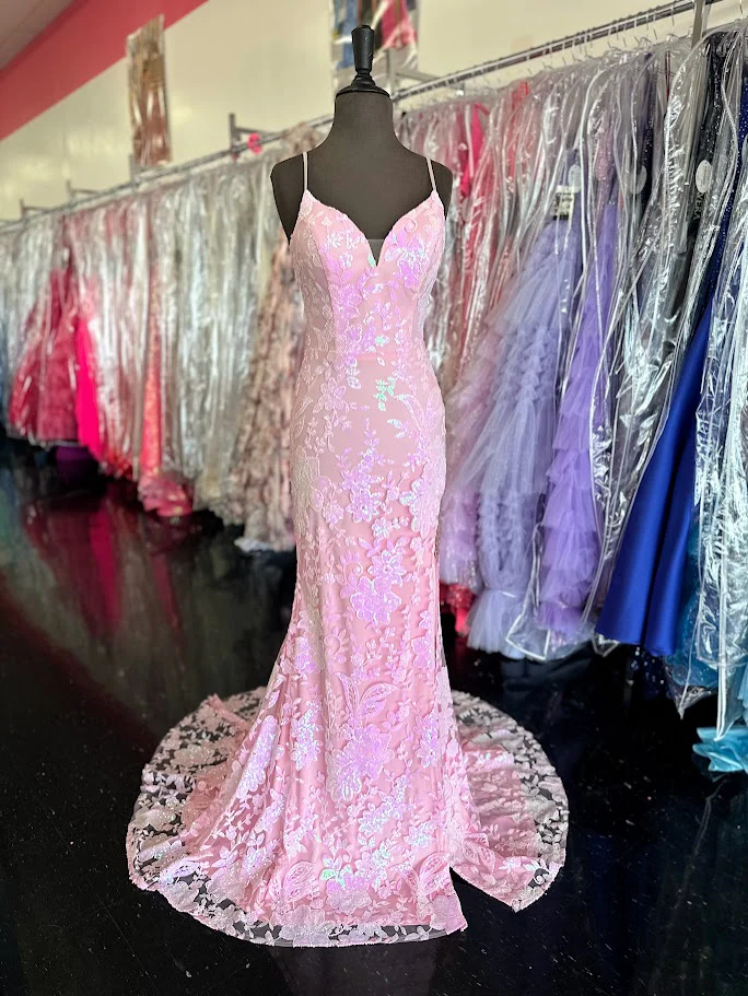 Nina Canacci 7611 Size 4 Pink Sequin Fitted Prom Dress Fringe Slit Sheer Lace Slit Formal Gown