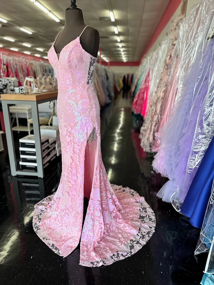 Nina Canacci 7611 Size 4 Pink Sequin Fitted Prom Dress Fringe Slit Sheer Lace Slit Formal Gown - Image 2