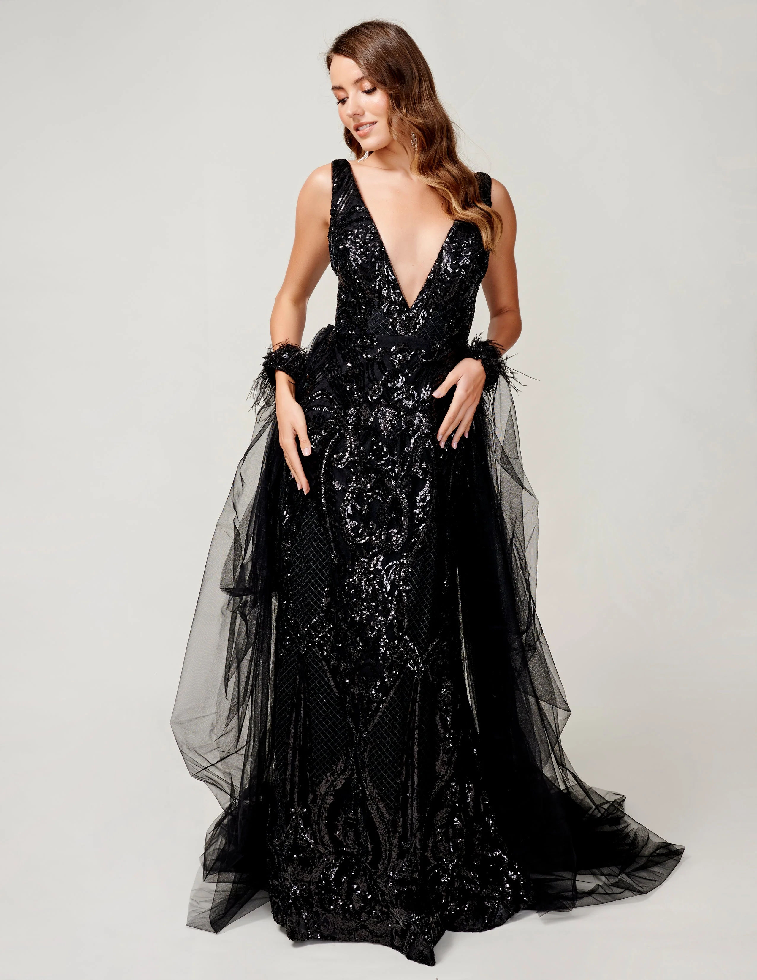 Nina Canacci 8224 Size 6 Ivory Sequin Pageant Dress Feather Cuff Overskirt Cape Gown Fitted V Neck - Image 4