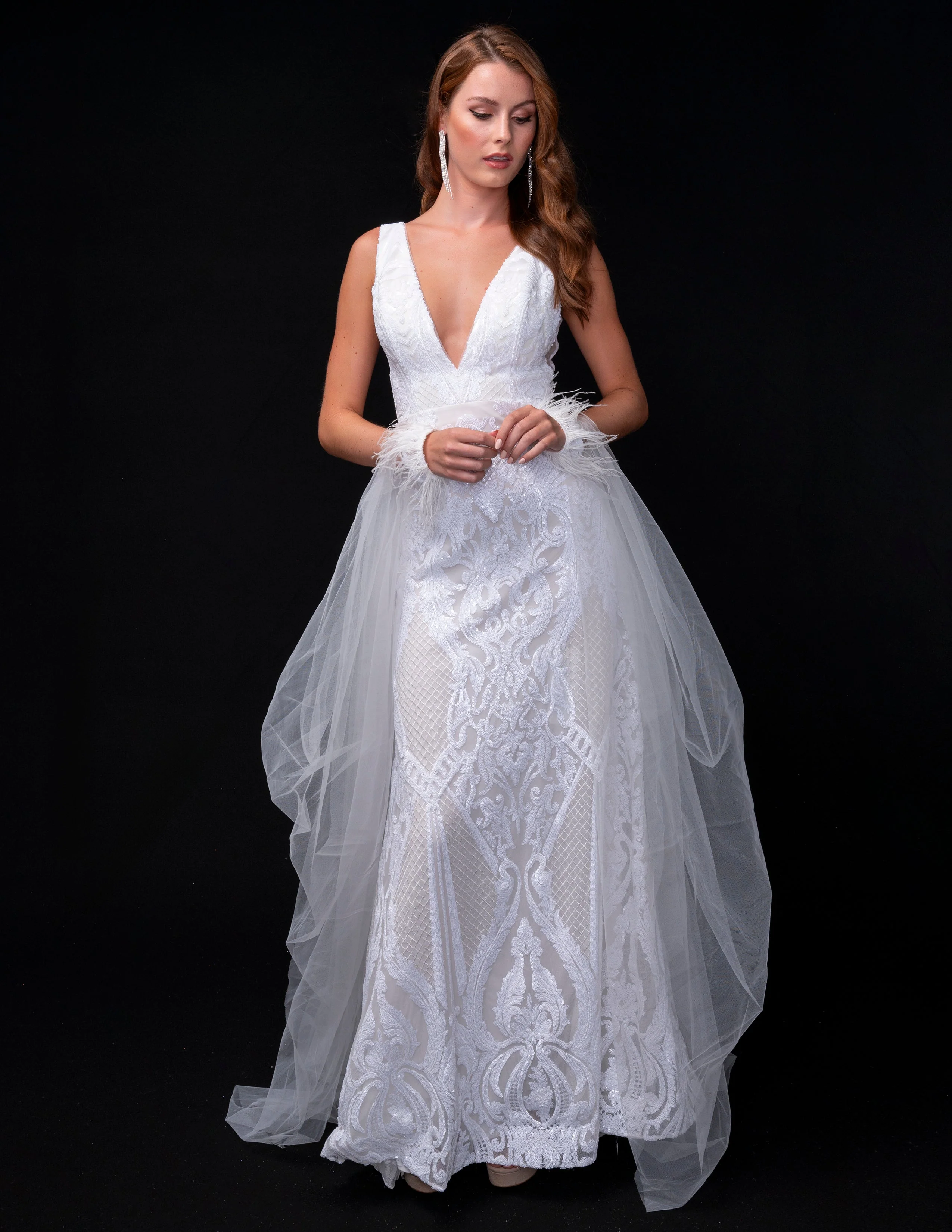 Nina Canacci 8224 Size 8 Black Sequin Pageant Dress Feather Cuff Overskirt Cape Gown Fitted V Neck - Image 5
