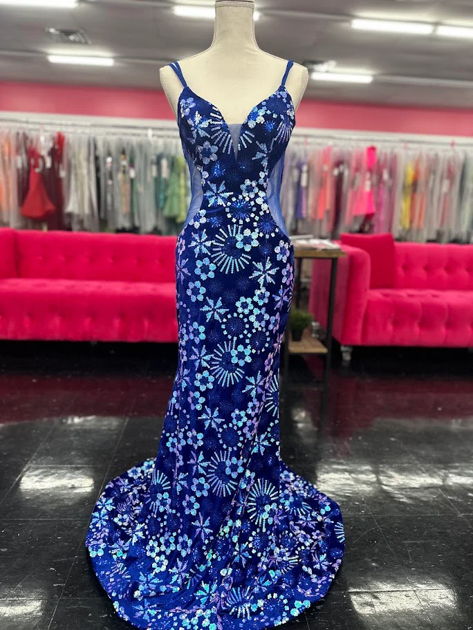 Nina Canacci 8257 Size 4 Emerald Velvet Sequin Prom Dress Mermaid Sheer Formal Gown V Neck
