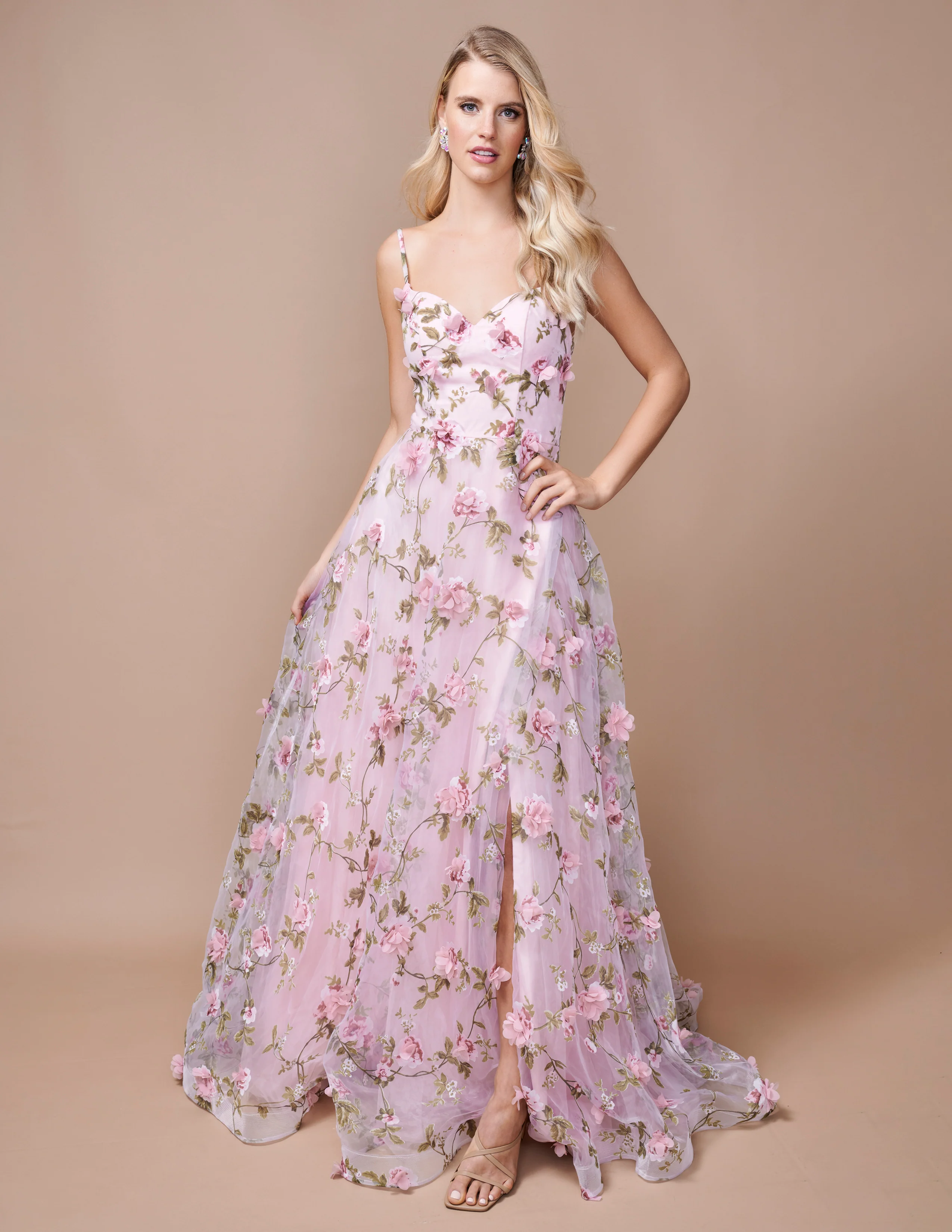 Nina Canacci 9150 A Line Floral Maxi Slit Prom Dress 3D Formal Gown Print V Neck Evening - Image 3