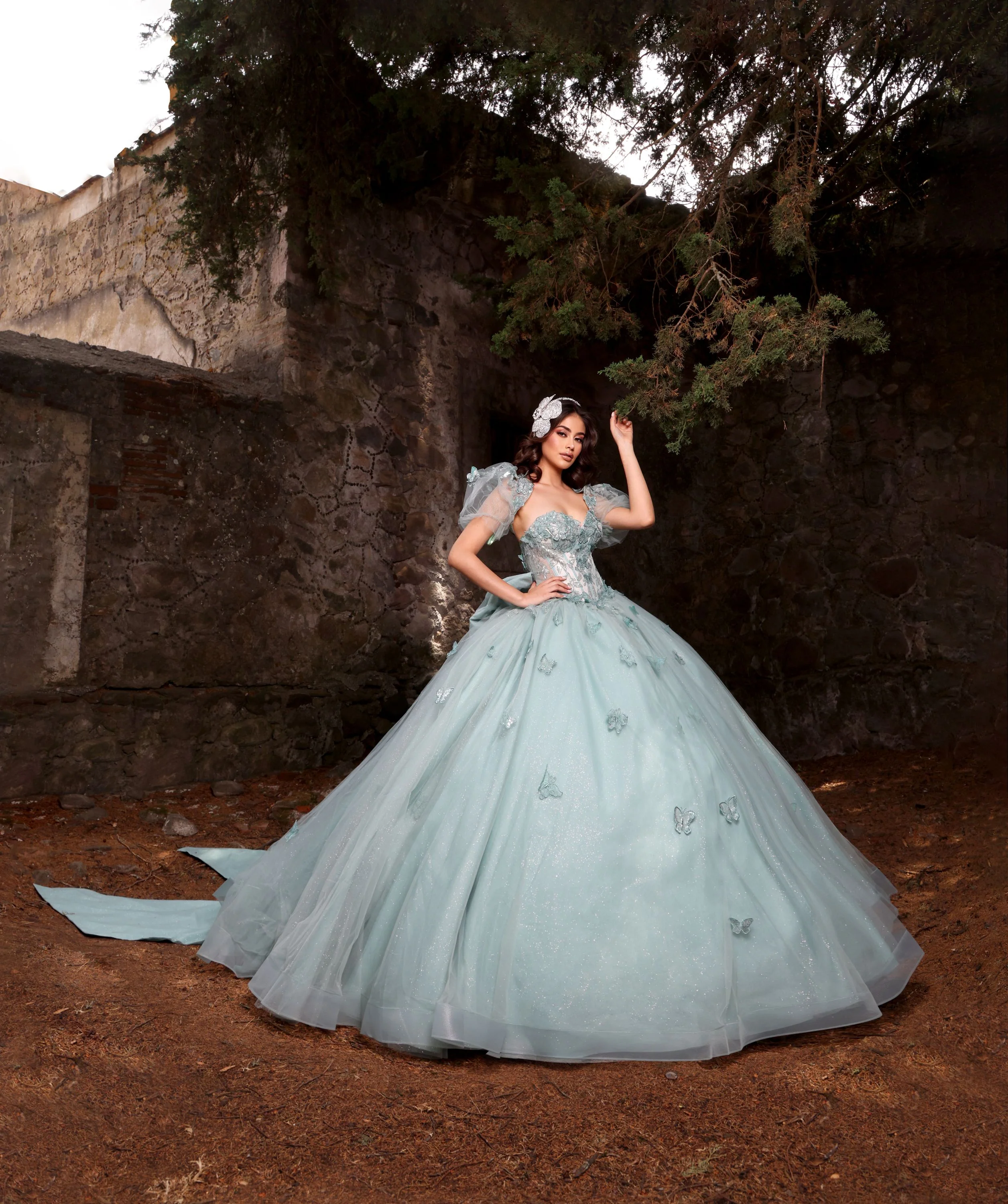 Nina Canacci Q119 Sage Quinceneara Dress Puff Sleeves Butterfly Lace Glitter Tulle Sweetheart Neckline Oversized Bow