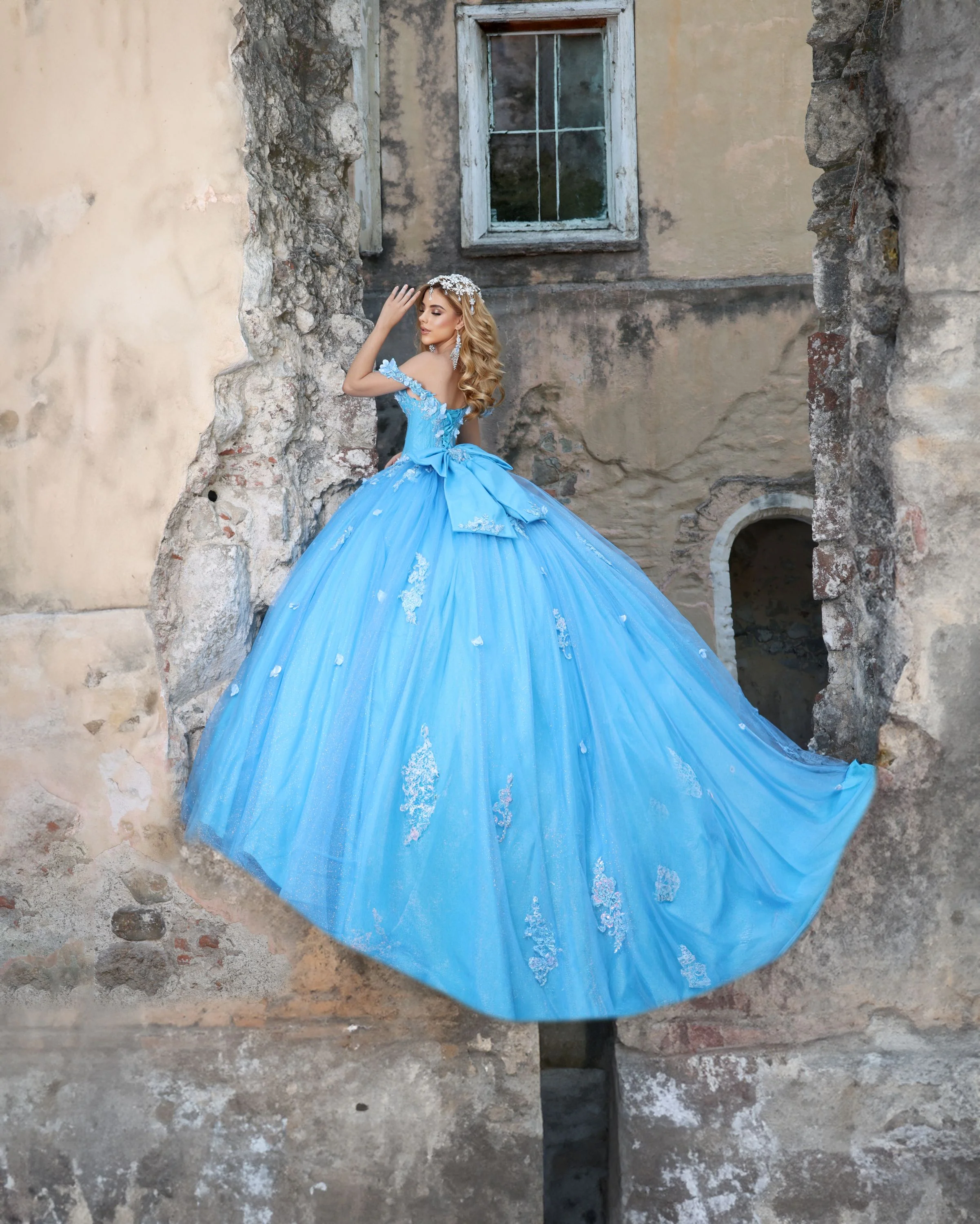 Nina Canacci Q120 Tiffany Blue Quinceanera Dress Off the Shoulder 3D Floral Corset Bow - Image 2