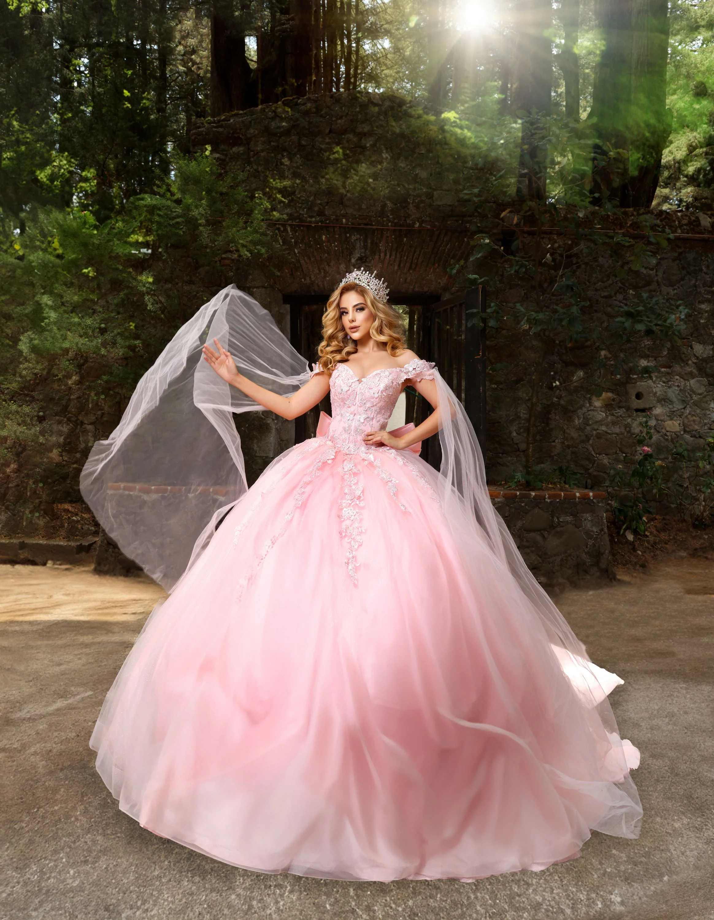 Nina Canacci Q122 Quinceanera Dress Bows and Butterflies Off the Shoulder Flowy Cape Arms Oversize Bow - Image 4