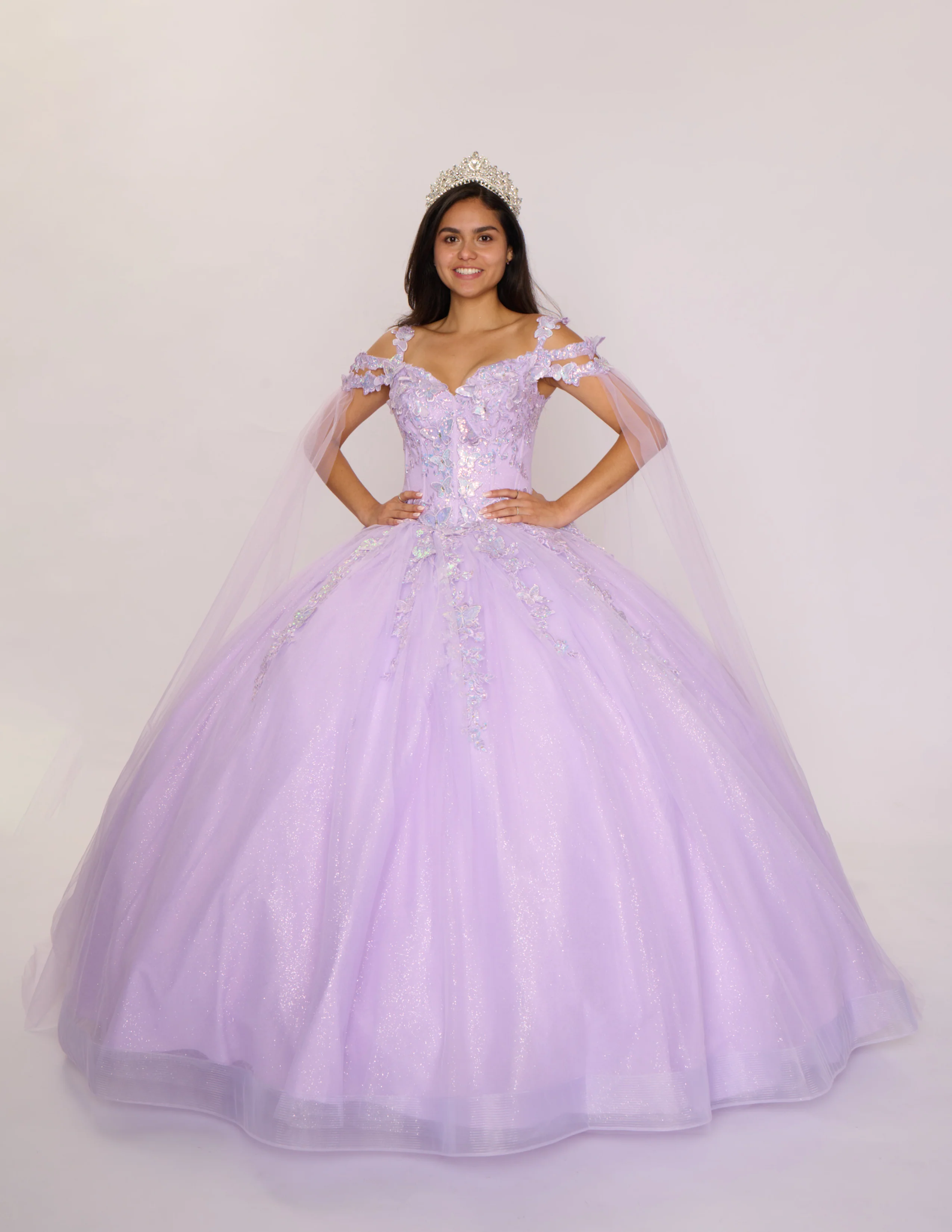 Nina Canacci Q122 Quinceanera Dress Bows and Butterflies Off the Shoulder Flowy Cape Arms Oversize Bow - Image 5