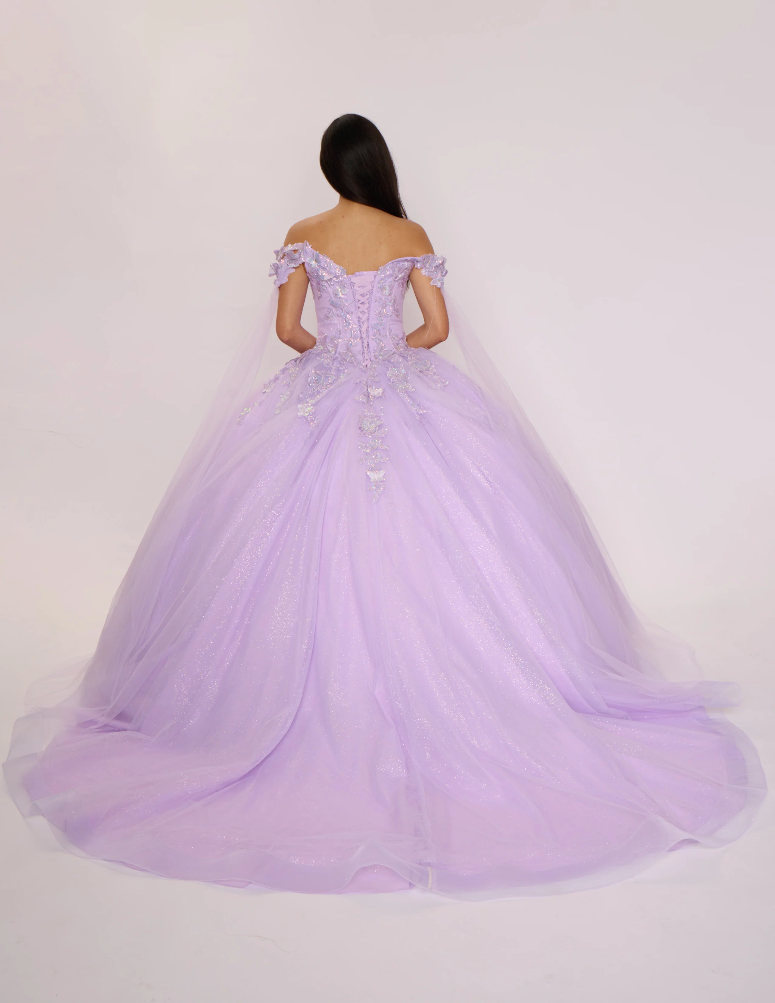 Nina Canacci Q122 Quinceanera Dress Bows and Butterflies Off the Shoulder Flowy Cape Arms Oversize Bow - Image 6
