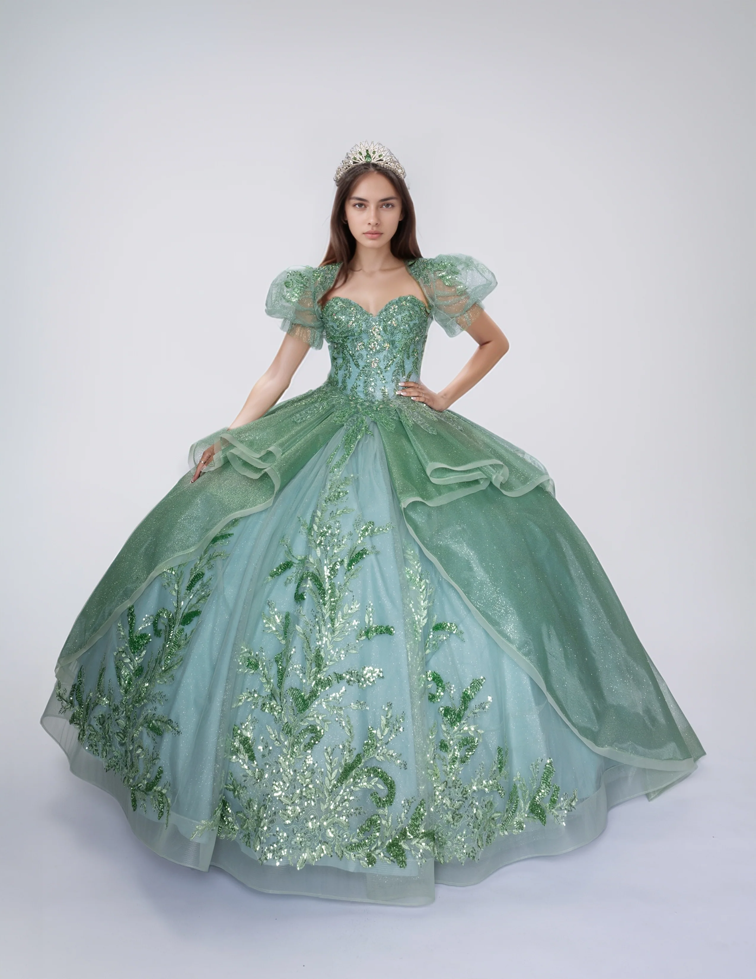 Nina Canacci Q130 Quinceneara Dress Sweetheart Neckline Glitter Lace Puff Sleeve Layered Skirt - Image 3