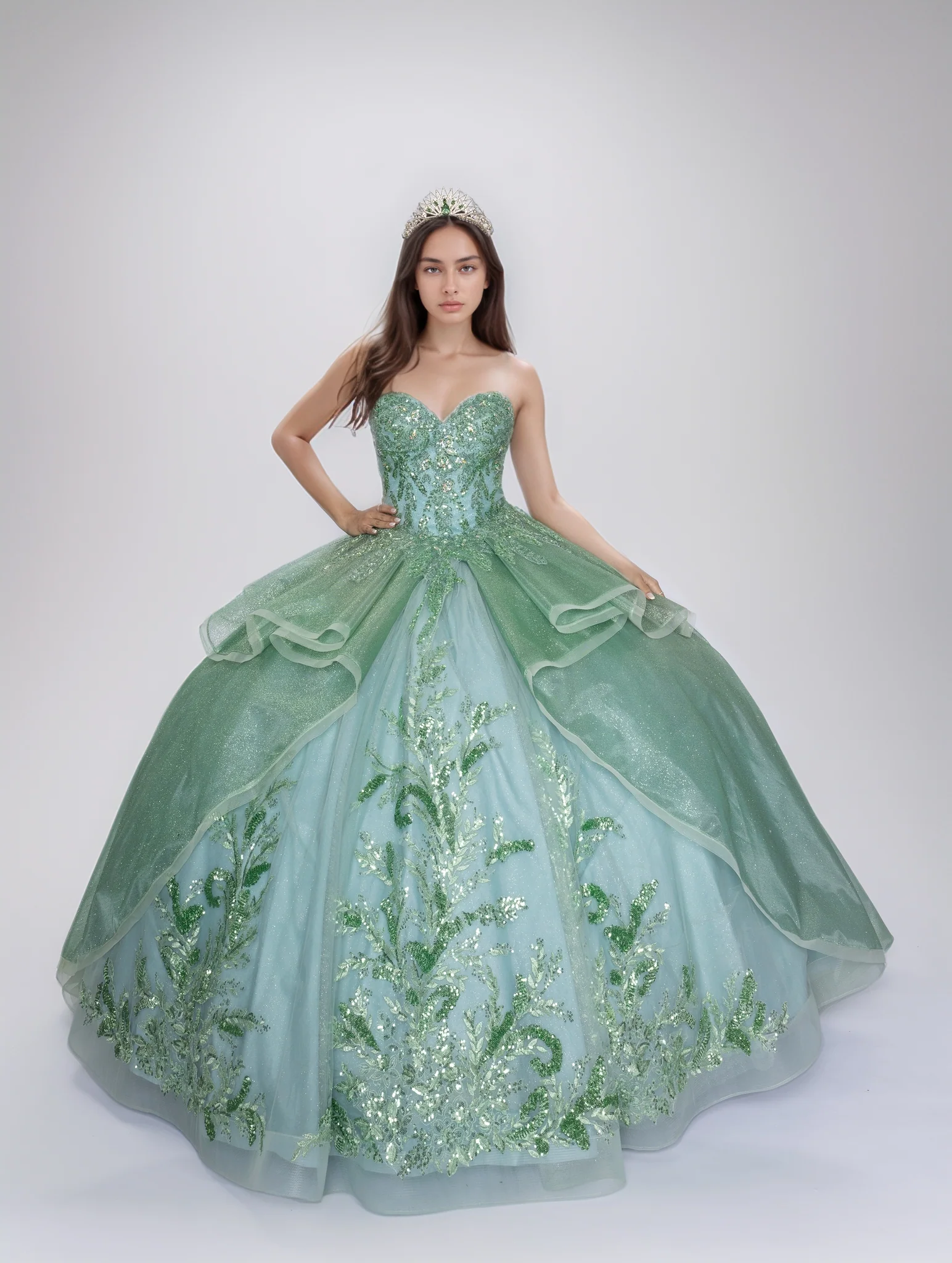 Nina Canacci Q130 Quinceneara Dress Sweetheart Neckline Glitter Lace Puff Sleeve Layered Skirt - Image 4