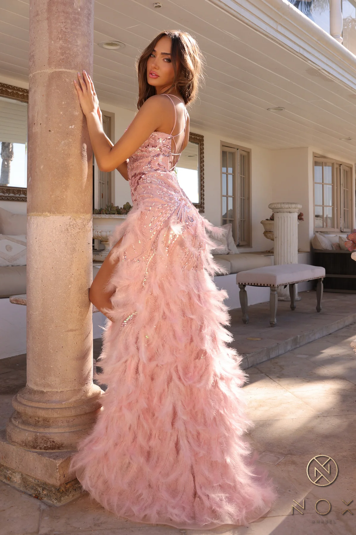 Nox Anabel C1413 Long Beaded Sequin Feather Slit Prom Dress Backless Corset Formal Gown - Image 6