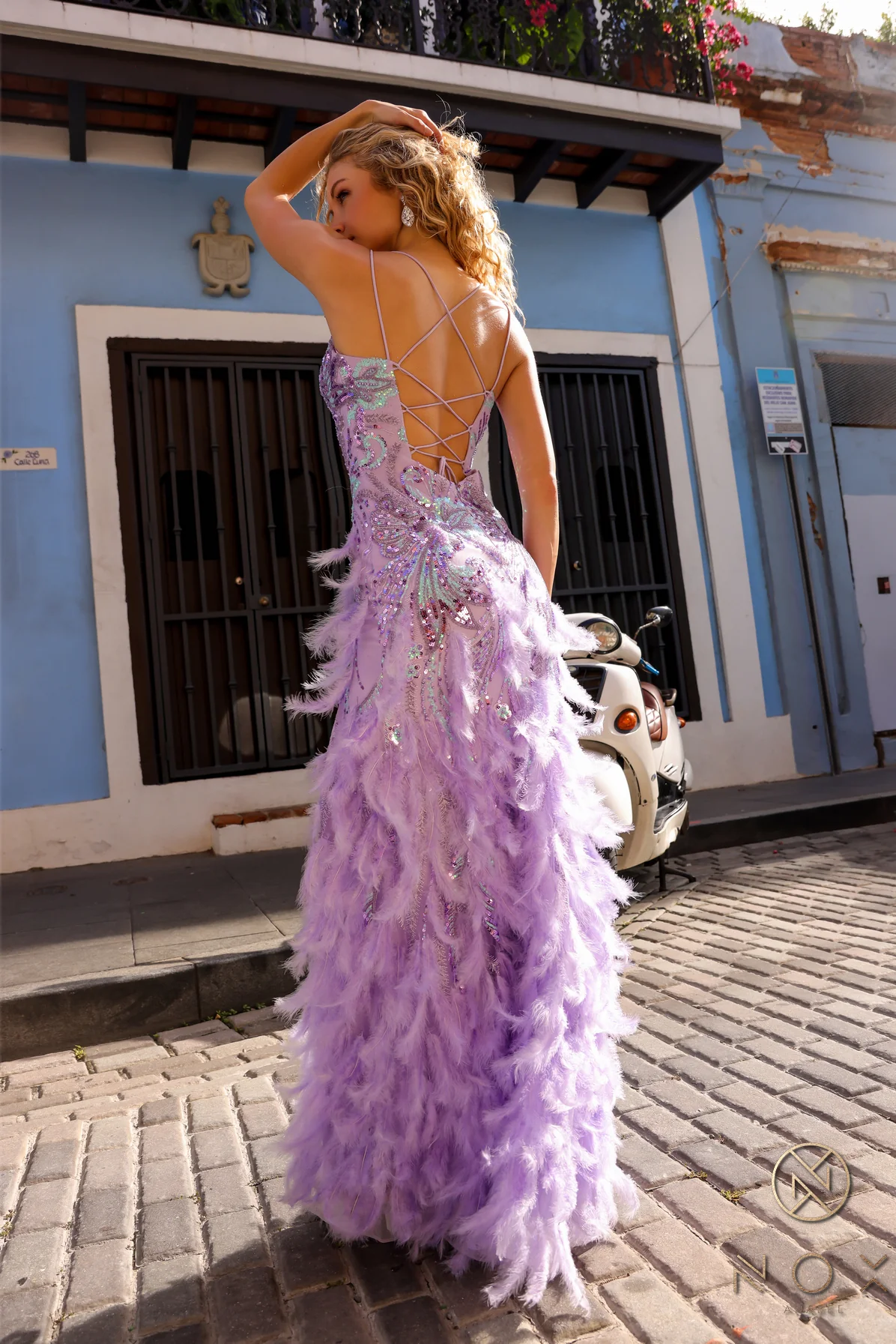 Nox Anabel C1413 Long Beaded Sequin Feather Slit Prom Dress Backless Corset Formal Gown - Image 9