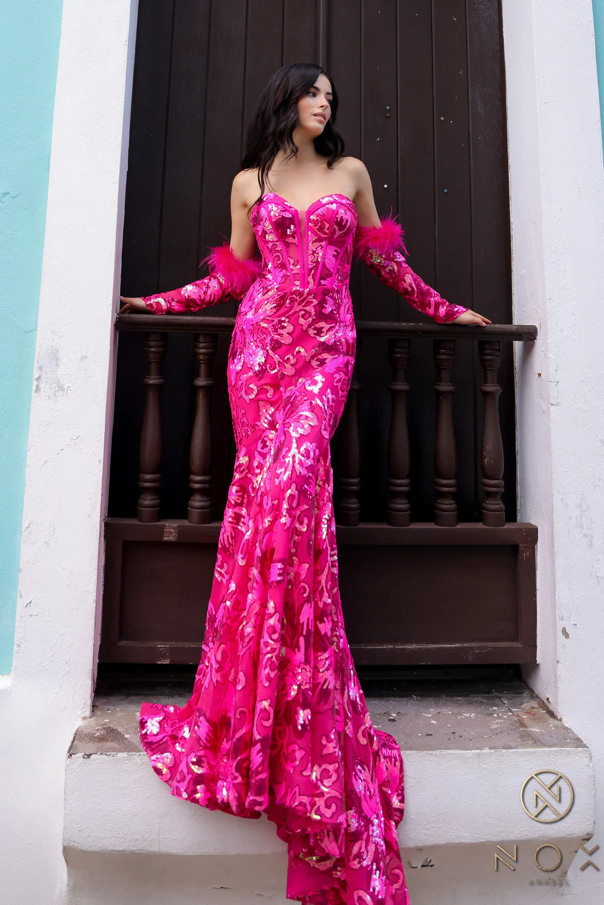 Nox Anabel D1269 Sequin Mermaid Long Sleeve Prom Dress Feather Corset Formal Gown