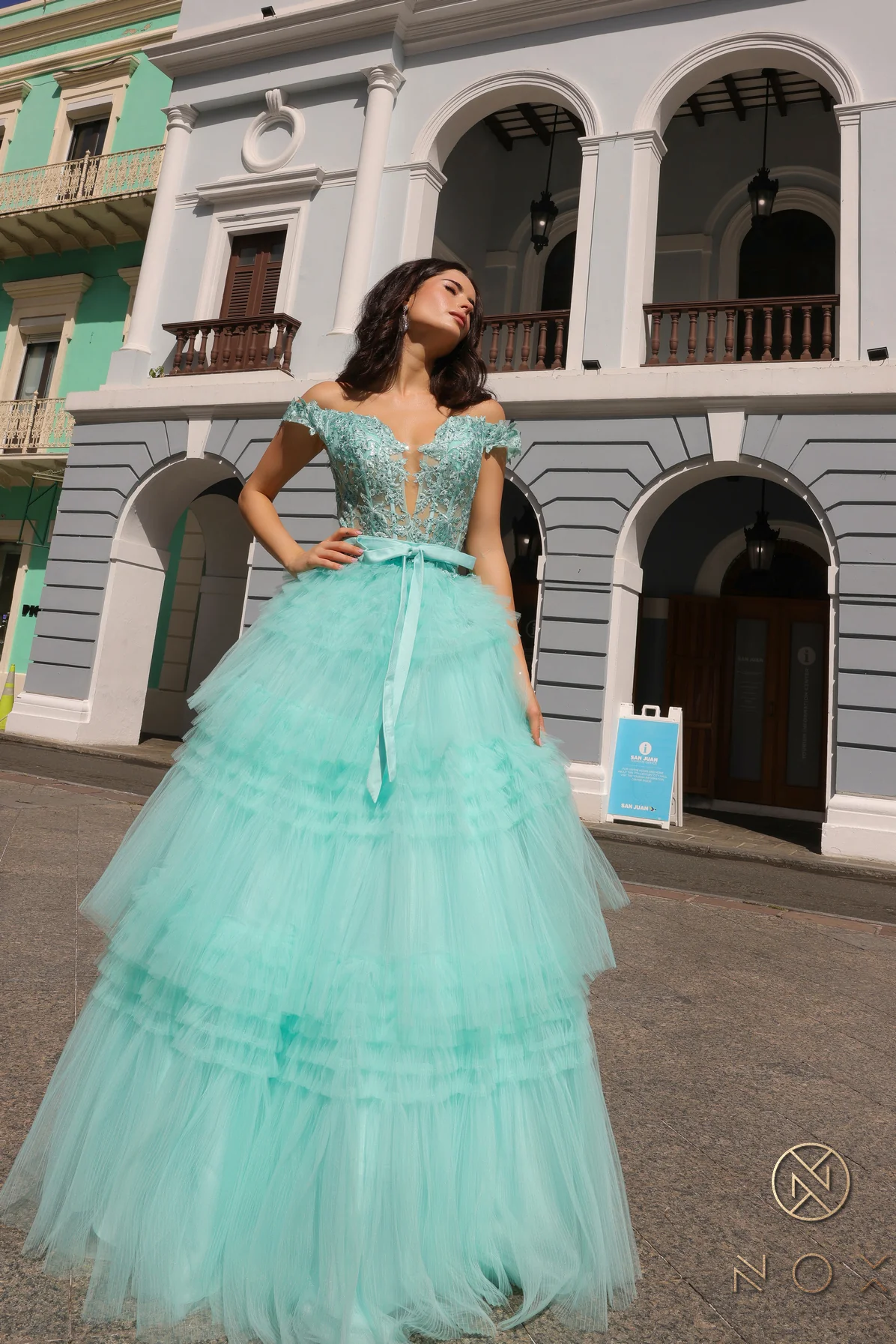 Nox Anabel E1293 A Line Pleated Tulle Layer Prom Dress Sheer Lace Corset Ballgown off the Shoulder Bow - Image 14