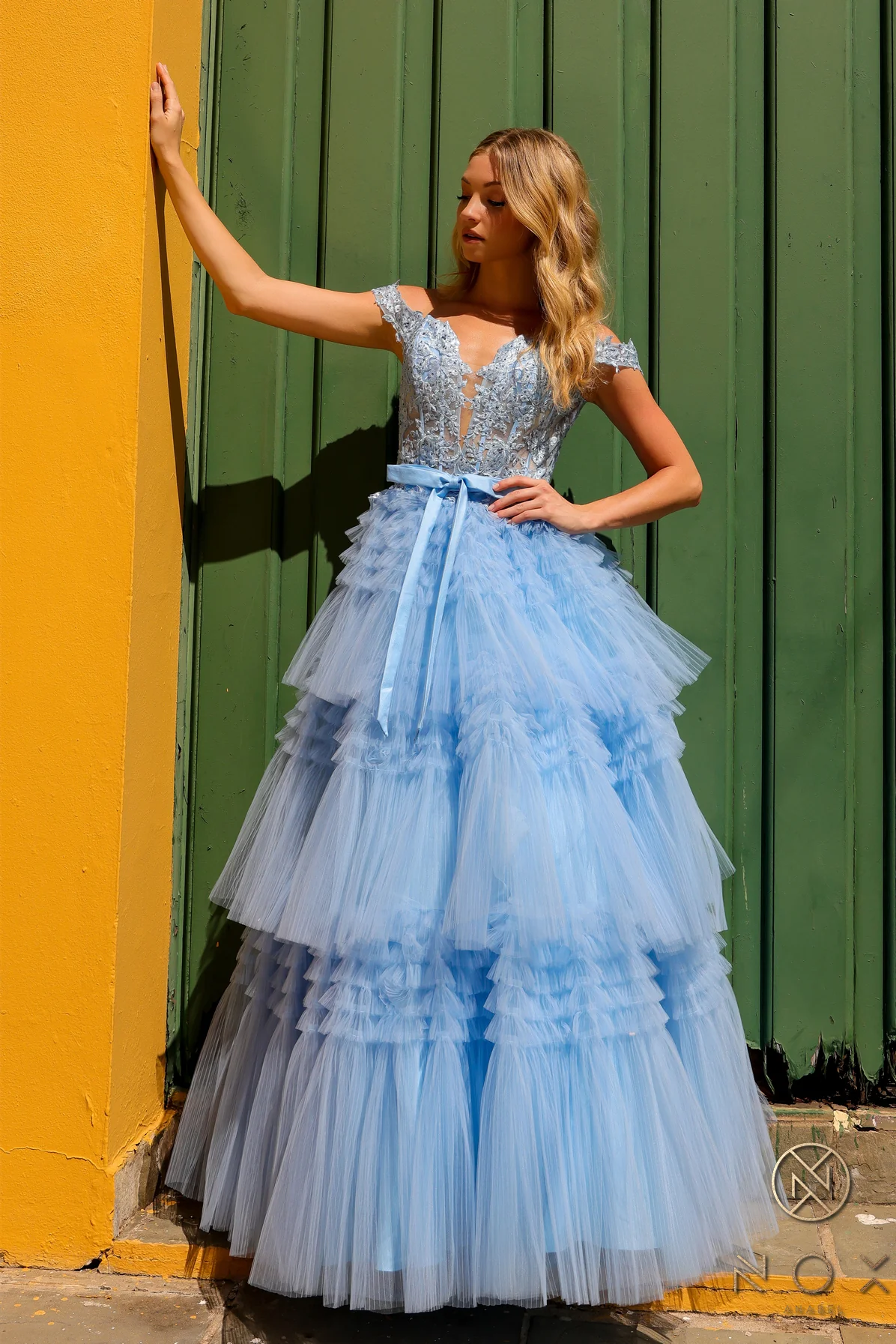 Nox Anabel E1293 A Line Pleated Tulle Layer Prom Dress Sheer Lace Corset Ballgown off the Shoulder Bow - Image 15