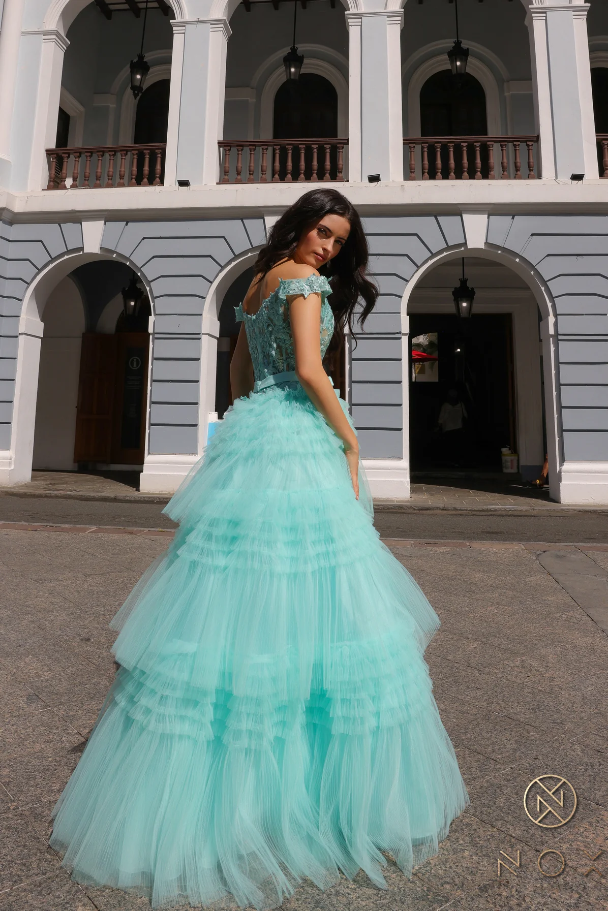 Nox Anabel E1293 A Line Pleated Tulle Layer Prom Dress Sheer Lace Corset Ballgown off the Shoulder Bow - Image 16