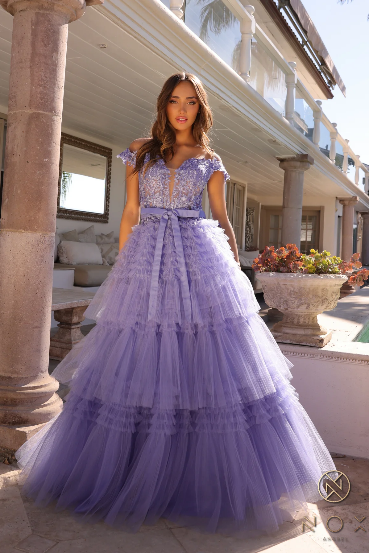Nox Anabel E1293 A Line Pleated Tulle Layer Prom Dress Sheer Lace Corset Ballgown off the Shoulder Bow - Image 2