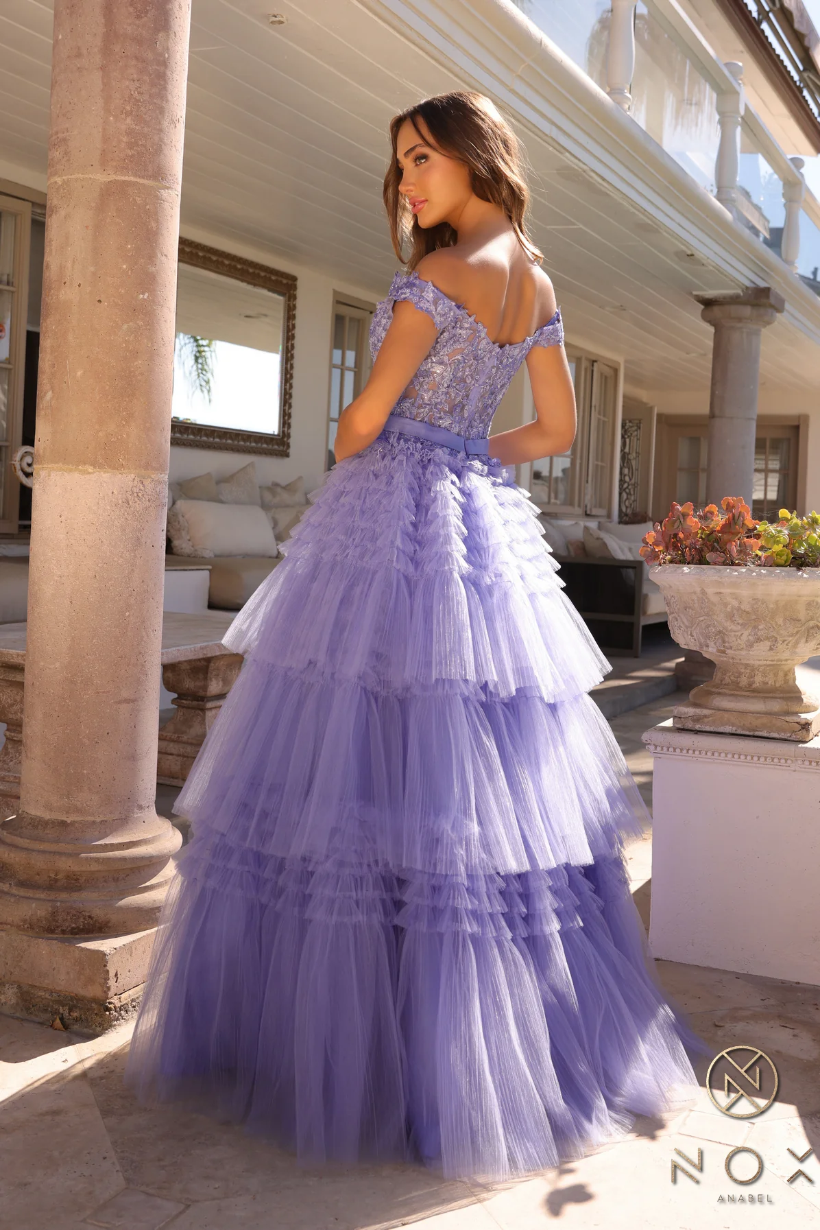 Nox Anabel E1293 A Line Pleated Tulle Layer Prom Dress Sheer Lace Corset Ballgown off the Shoulder Bow - Image 4