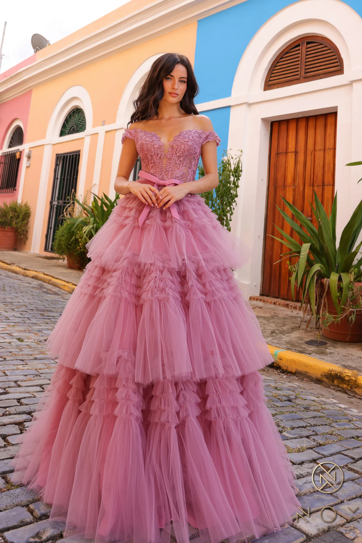 Nox Anabel E1293 A Line Pleated Tulle Layer Prom Dress Sheer Lace Corset Ballgown off the Shoulder Bow - Image 5