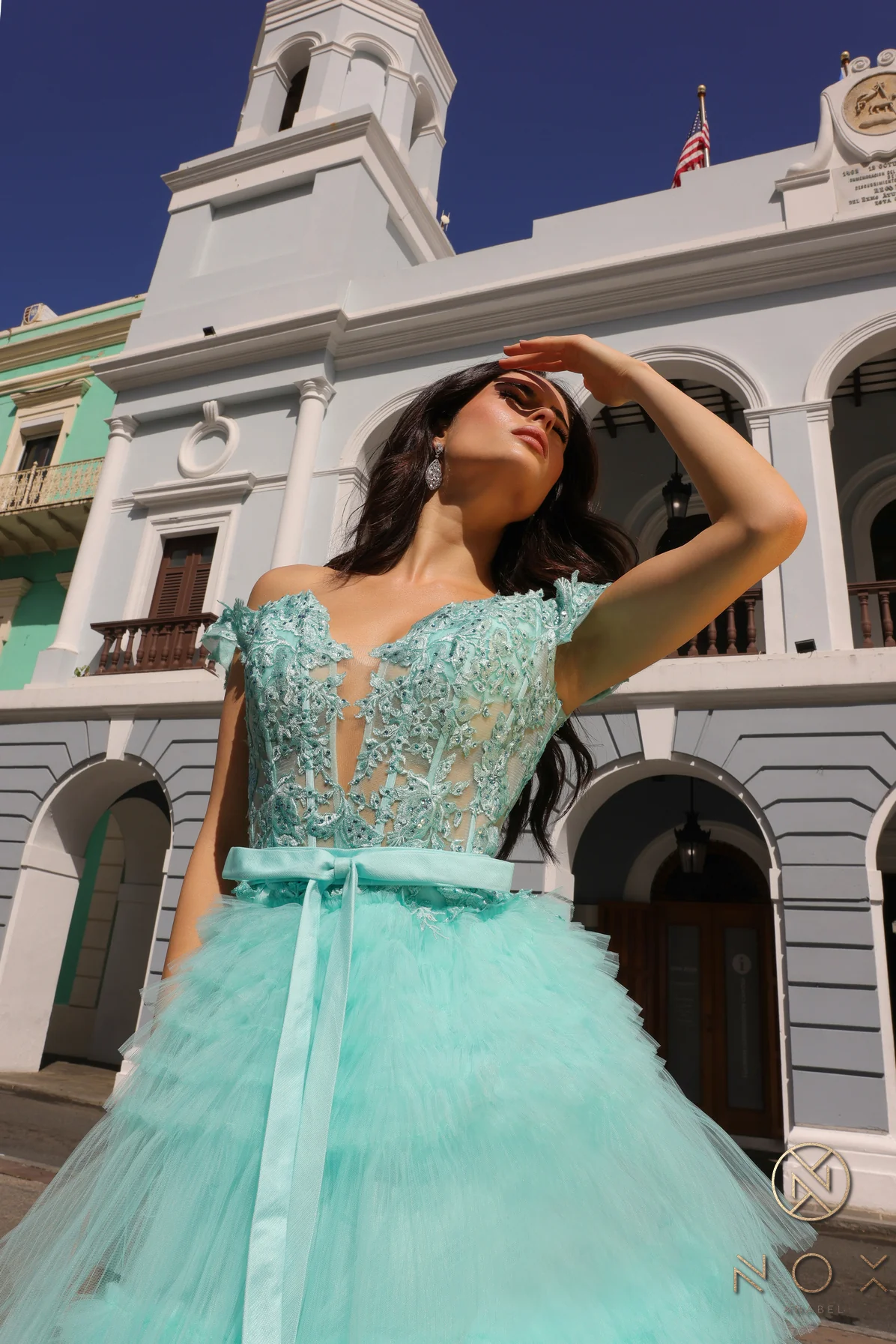 Nox Anabel E1293 A Line Pleated Tulle Layer Prom Dress Sheer Lace Corset Ballgown off the Shoulder Bow - Image 6