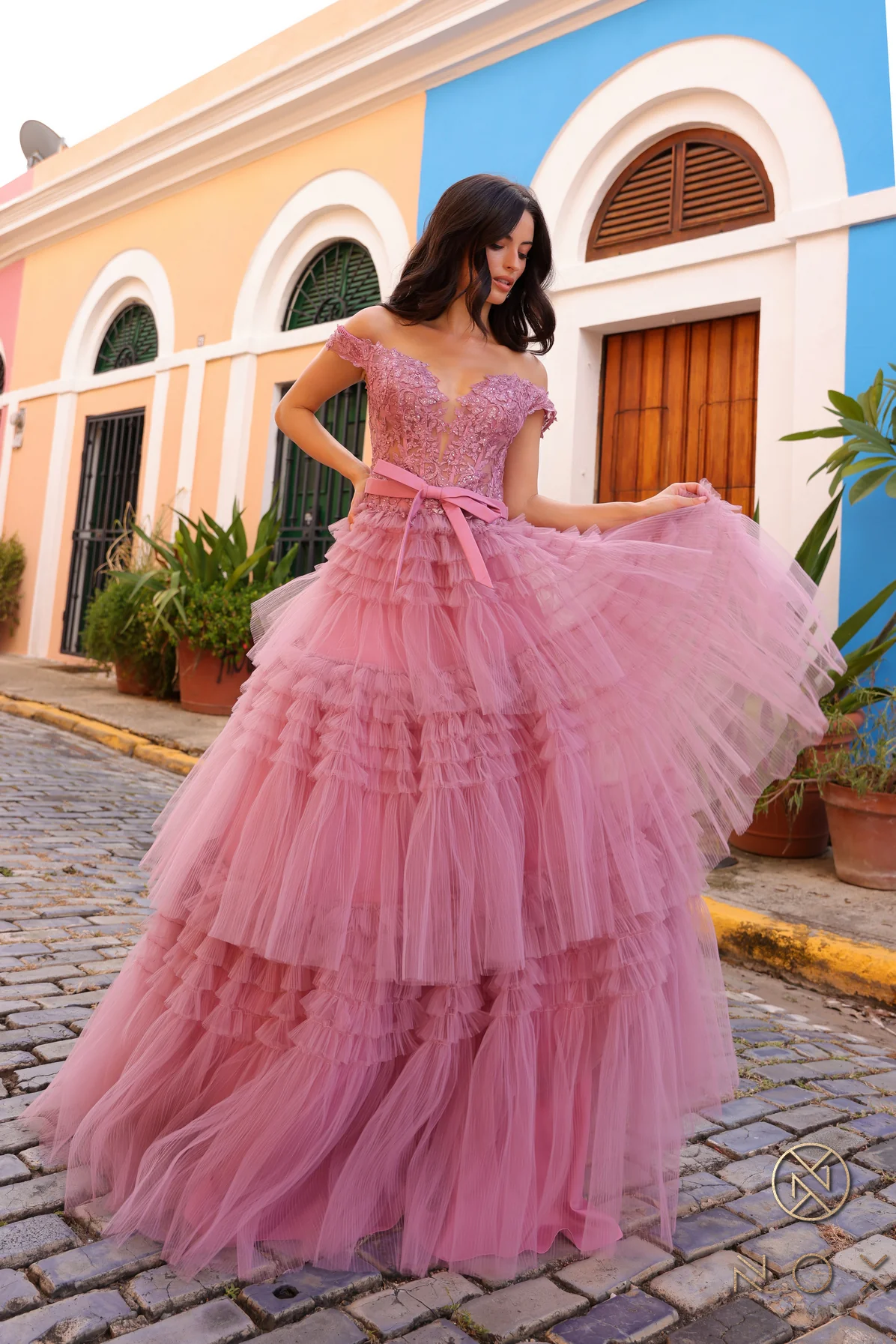 Nox Anabel E1293 A Line Pleated Tulle Layer Prom Dress Sheer Lace Corset Ballgown off the Shoulder Bow - Image 8