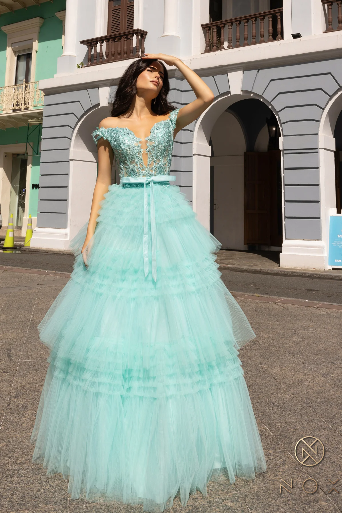 Nox Anabel E1293 A Line Pleated Tulle Layer Prom Dress Sheer Lace Corset Ballgown off the Shoulder Bow - Image 9