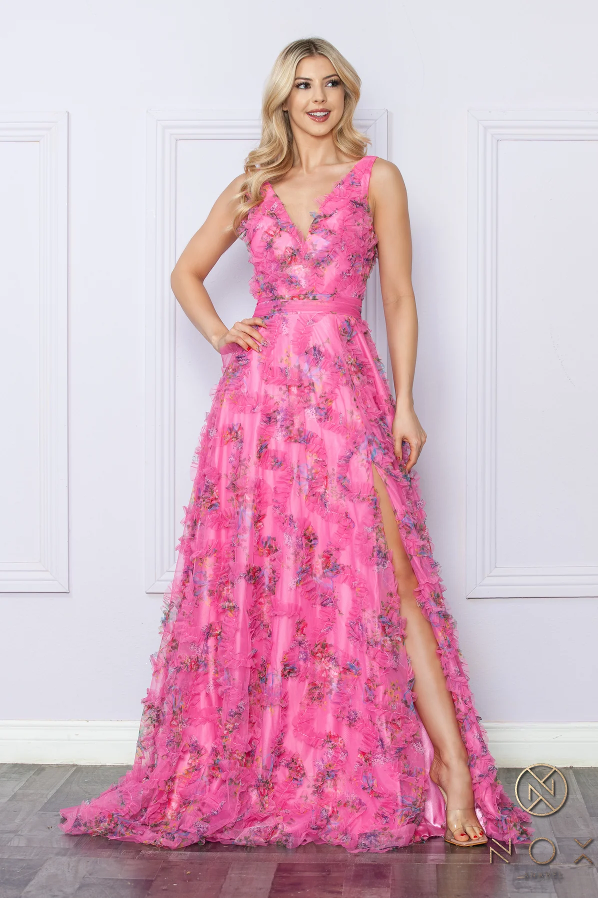 Nox Anabel E1445 Long Floral A Line Ruffle Prom Dress Maxi Slit Boho Pleated V Neck Formal - Image 3