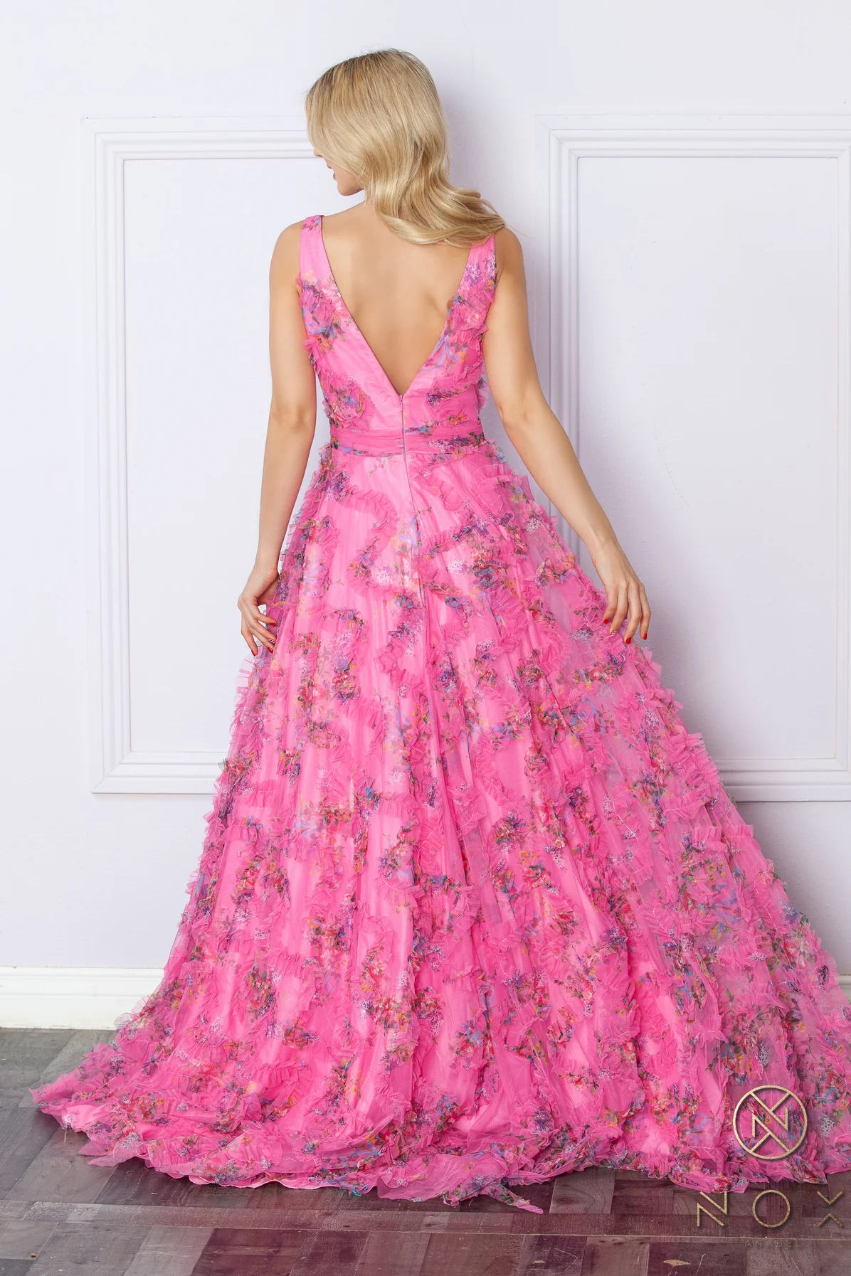 Nox Anabel E1445 Long Floral A Line Ruffle Prom Dress Maxi Slit Boho Pleated V Neck Formal - Image 5