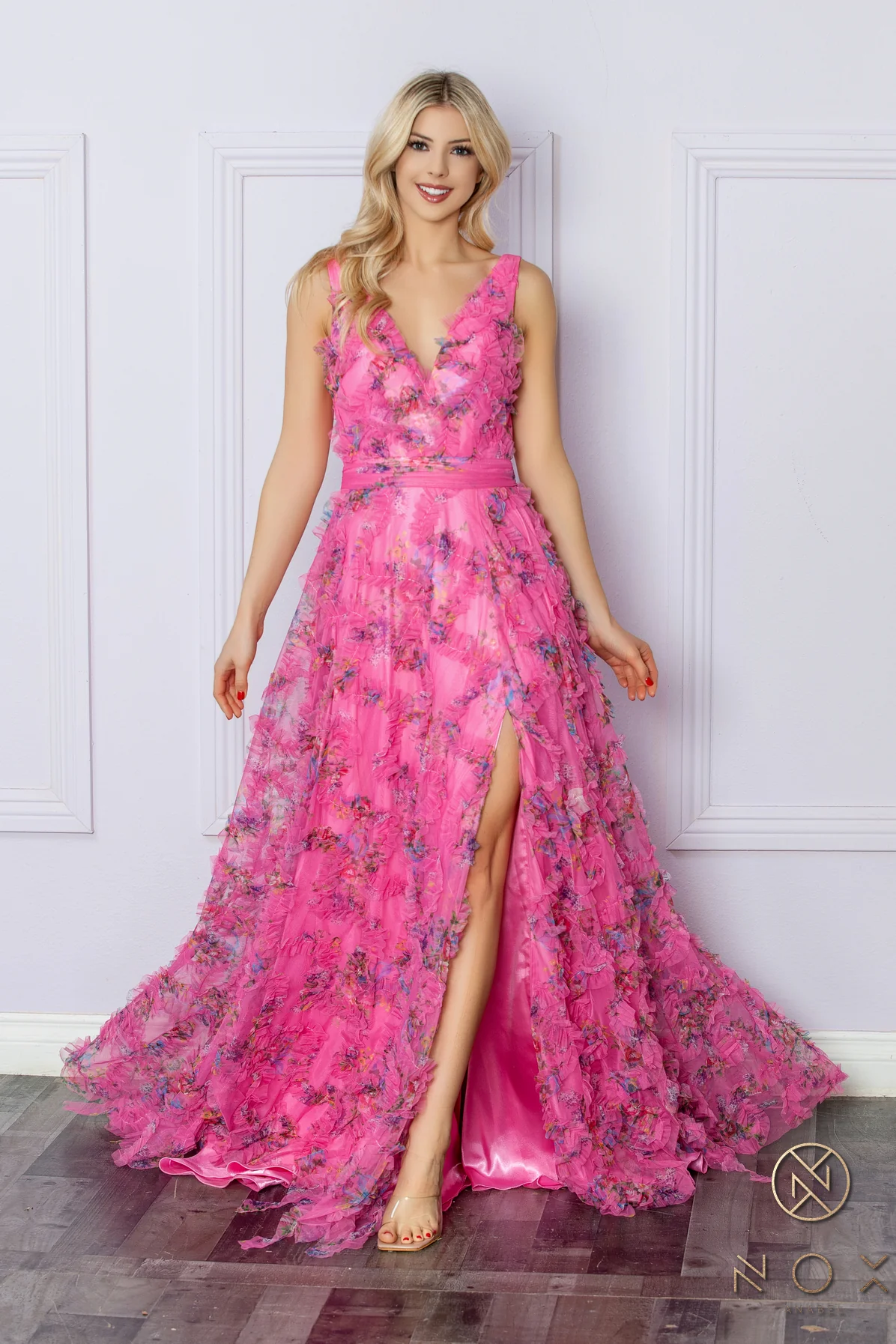 Nox Anabel E1445 Long Floral A Line Ruffle Prom Dress Maxi Slit Boho Pleated V Neck Formal - Image 9