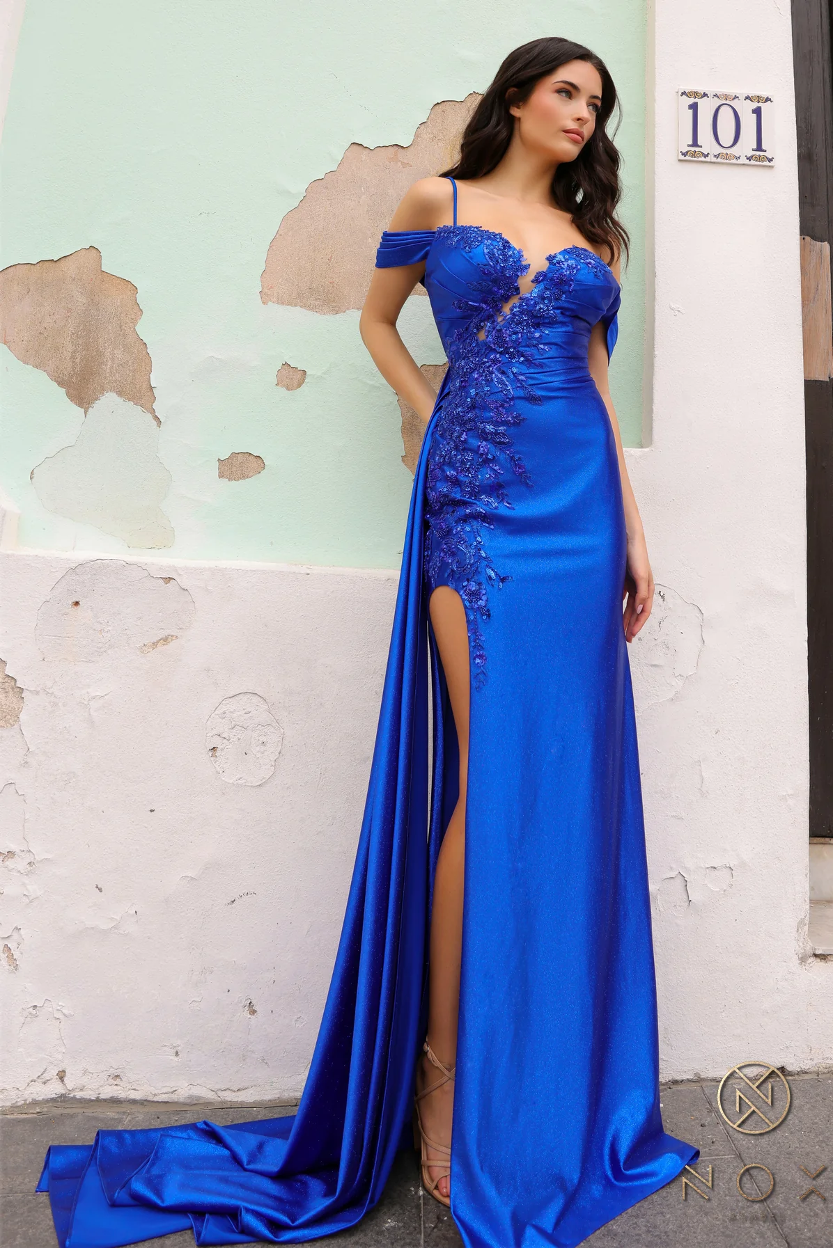 Nox Anabel E1451 Satin high Slit off the lace shoulder Prom Dress Overskirt Pageant Gown - Image 2