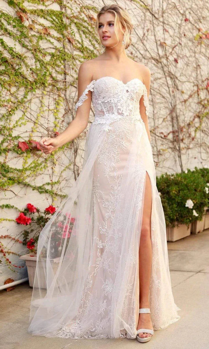 Nox Anabel E441 Size 4, 14 Off the shoulder Sheer Lace Wedding Dress Slit Overskirt Bridal Gown Boho