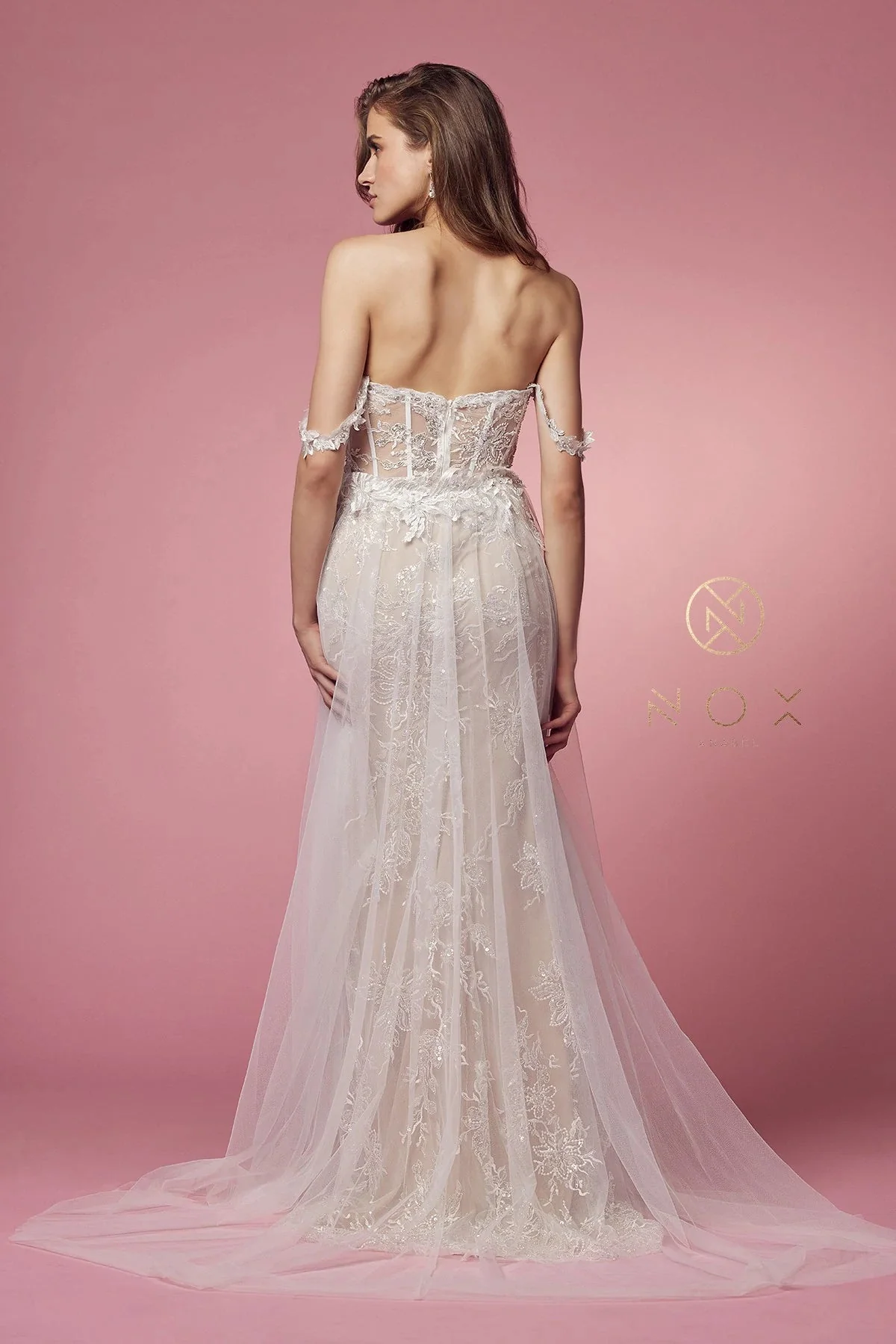 Nox Anabel E441 Size 4, 14 Off the shoulder Sheer Lace Wedding Dress Slit Overskirt Bridal Gown Boho - Image 8