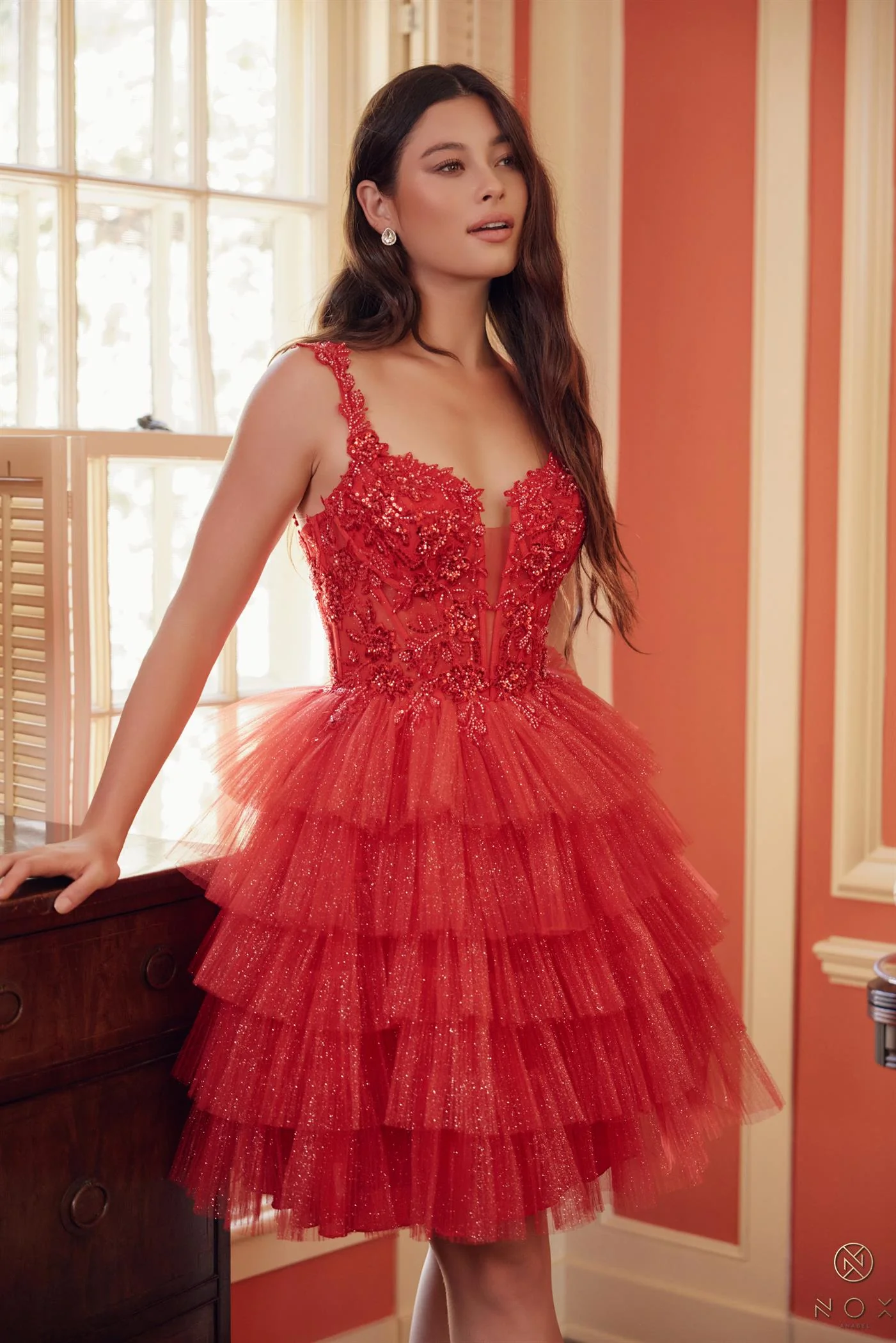 Nox Anabel E904 Short sheer lace sequin Homecoming Dress Layer shimmer skirt Corset Gown - Image 5
