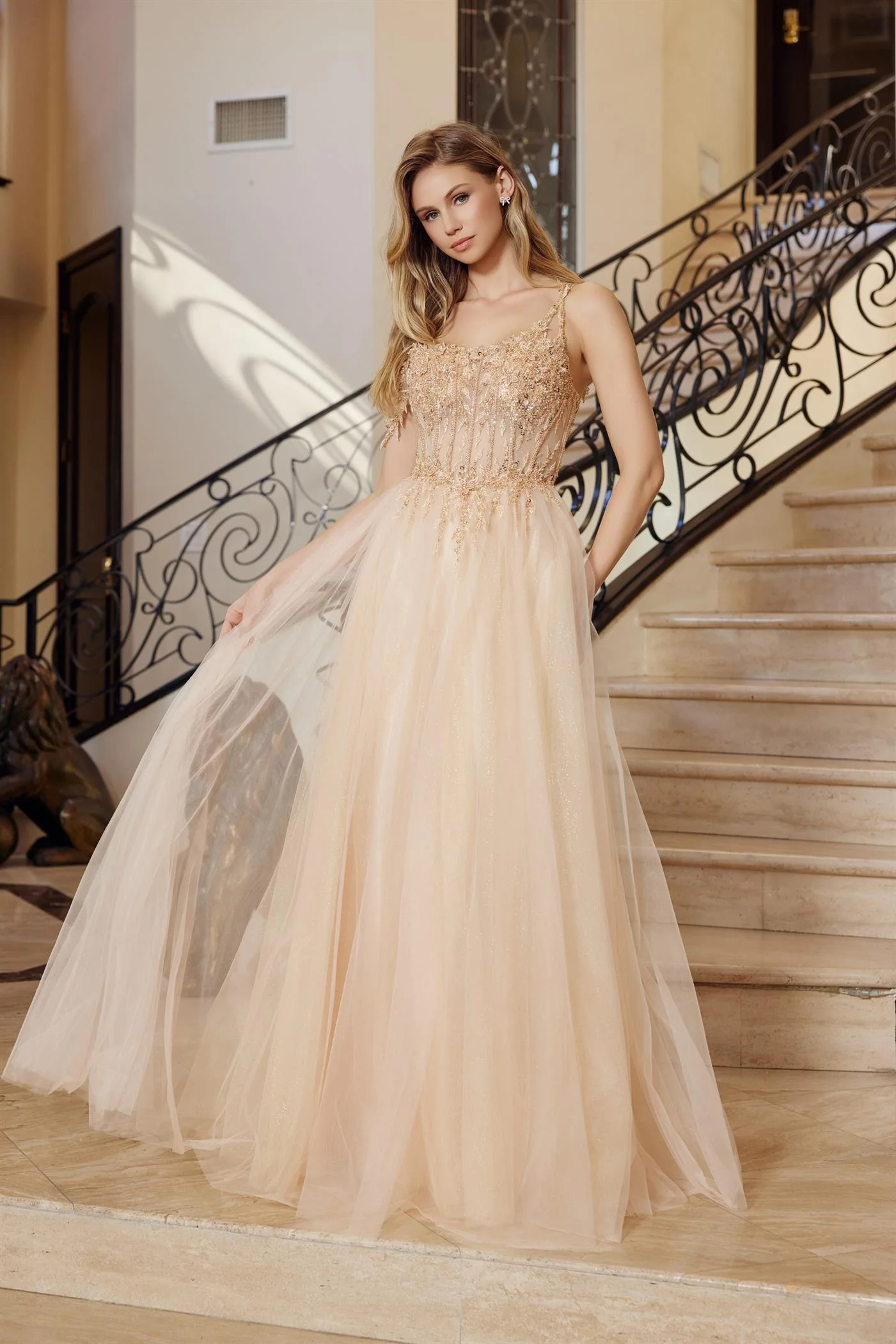 Nox Anabel F1567 Sheer Beaded Corset A-Line Scoop Prom Dress