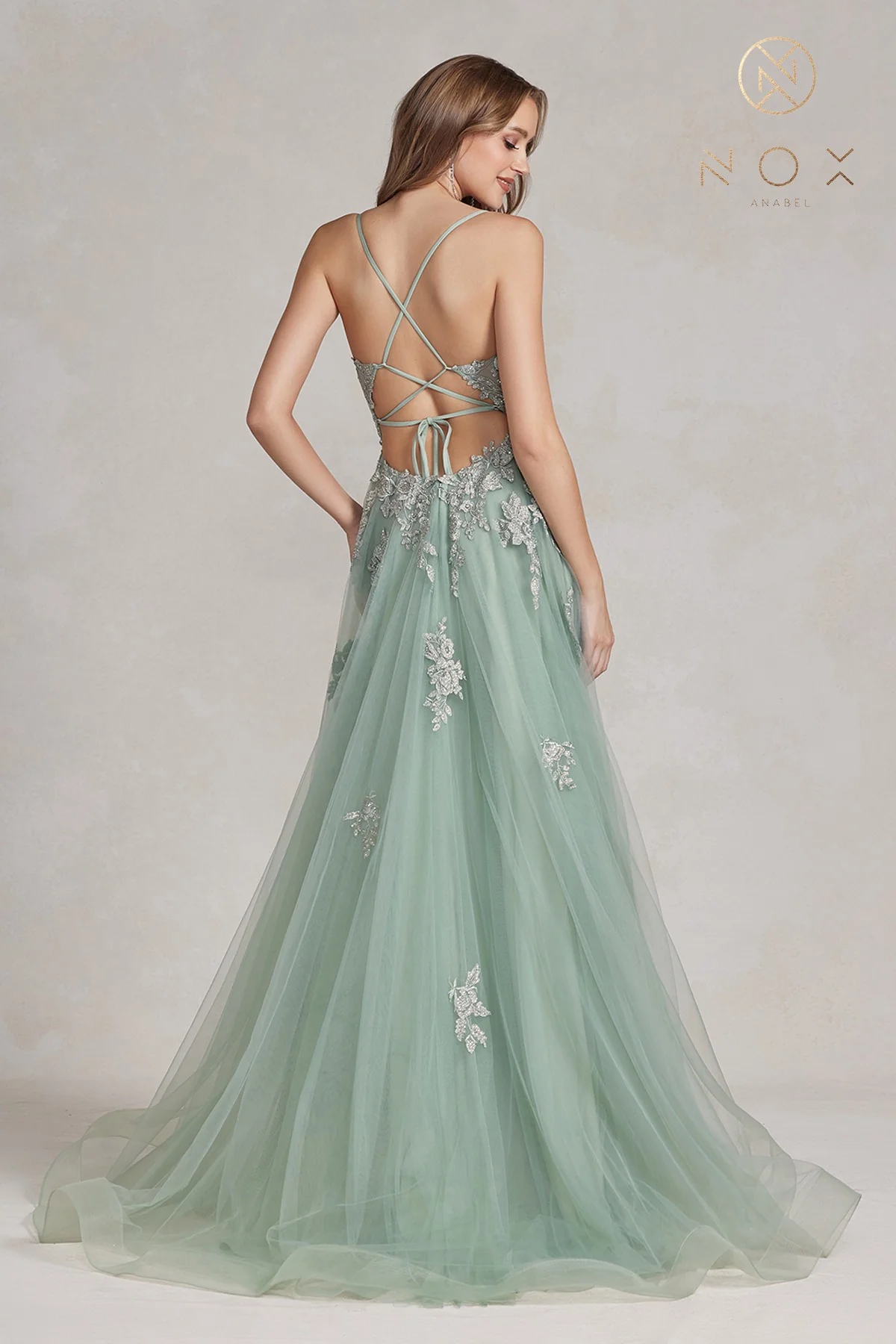 Nox Anabel G1149 A Line Sheer Lace Maxi Slit Prom Dress Backless Corset Formal Gown - Image 2