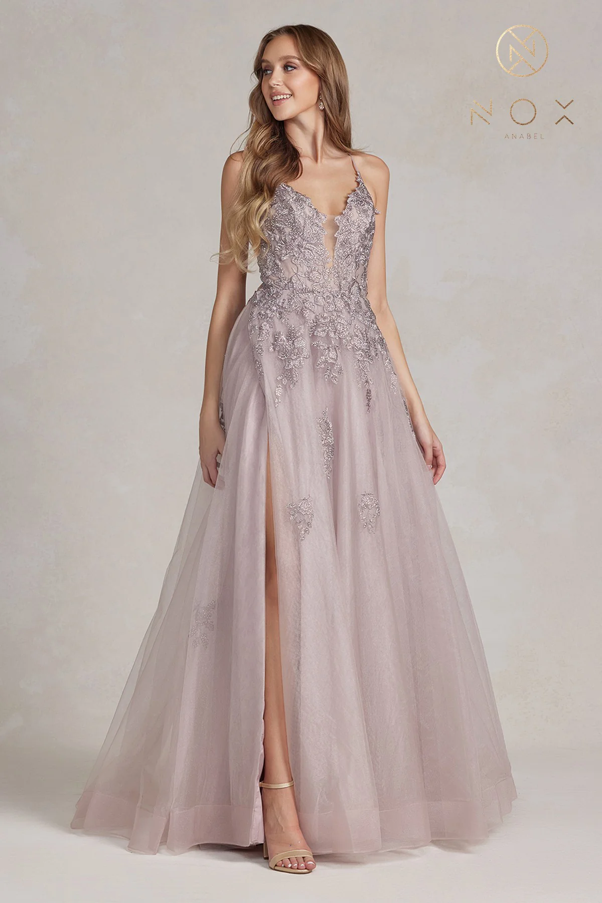 Nox Anabel G1149 A Line Sheer Lace Maxi Slit Prom Dress Backless Corset Formal Gown - Image 9