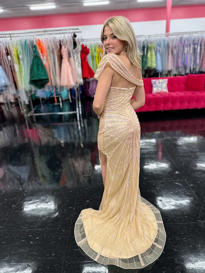 Nox Anabel H1669 Size 4 Champagne Long Beaded Formal Dress Off the Shoulder Slit Gown - Image 3