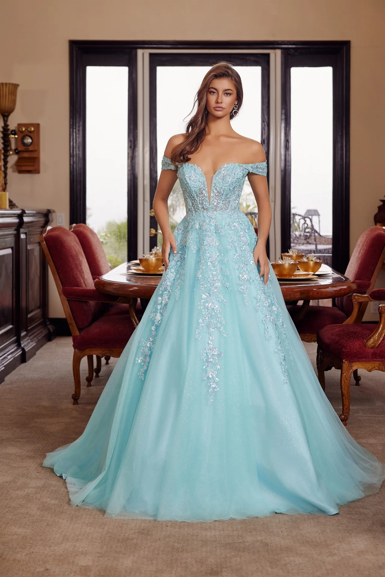 Nox Anabel H1881 Off-the-Shoulder Sheer Corset Prom Dress