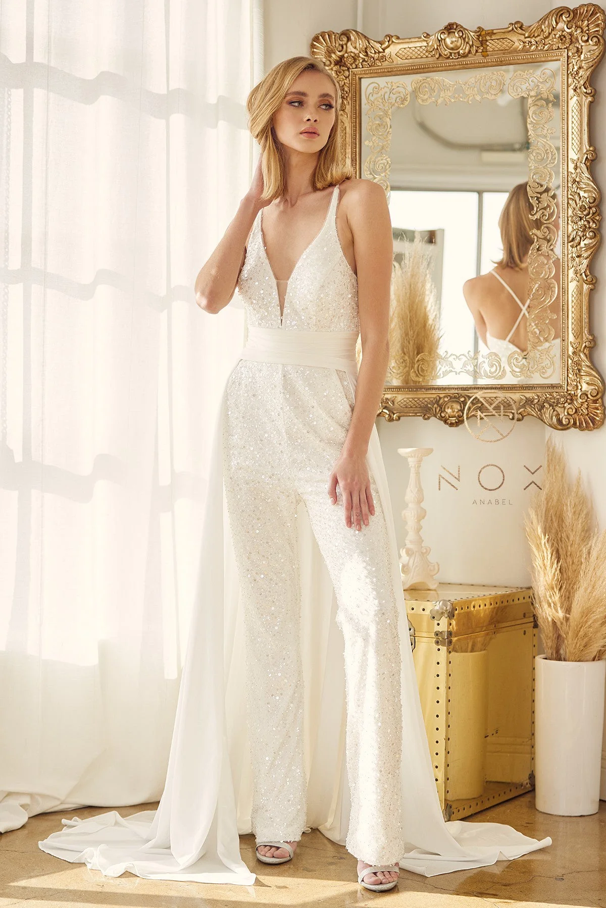 Nox Anabel JE926 Size 4 Sequin & Pearl Bridal V Neck Jumpsuit Overskirt Pockets Wedding Pant suit - Image 3