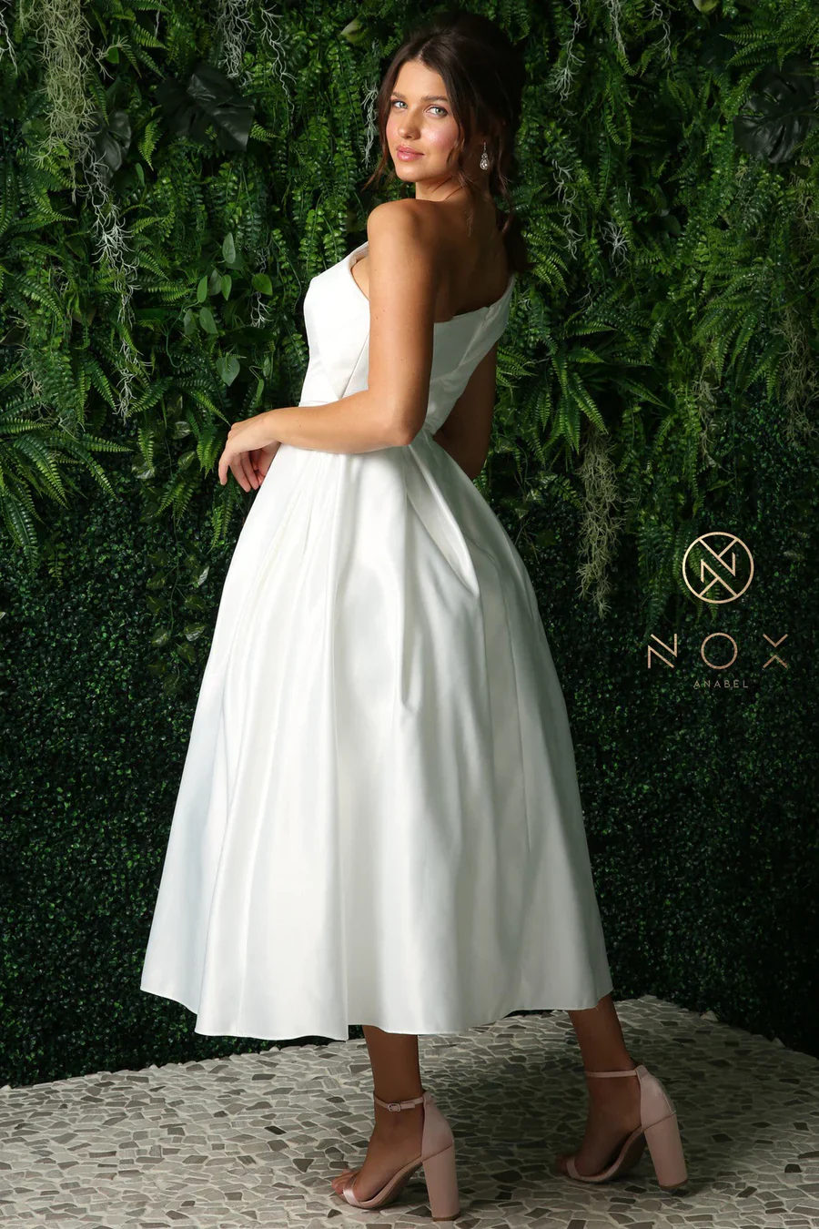 Nox Anabel JE931W White Wedding Dress Formal Tea Length One Shoulder A line Satin Reception Gown - Image 4