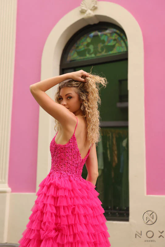 Nox Anabel P1398 Size 12 Fuchsia Layered Tulle A Line Slit Prom Dress Lace Sheer Corset Formal Gown - Image 6