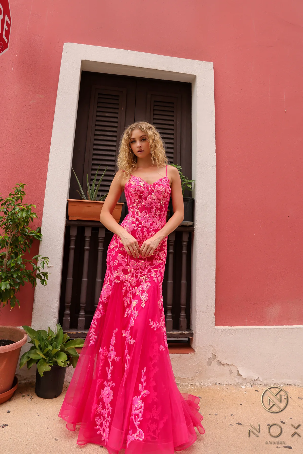 Nox Anabel Q1390 Long Sequin Sheer Corset Mermaid Prom Dress Neon Pageant Gown