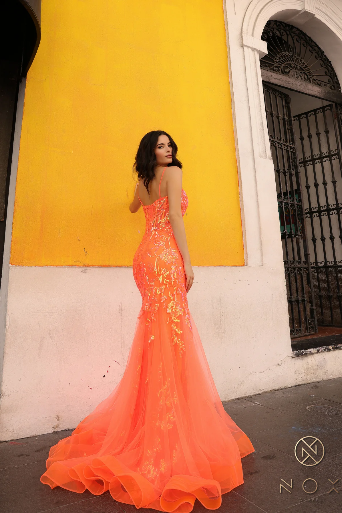 Nox Anabel Q1390 Long Sequin Sheer Corset Mermaid Prom Dress Neon Pageant Gown - Image 12