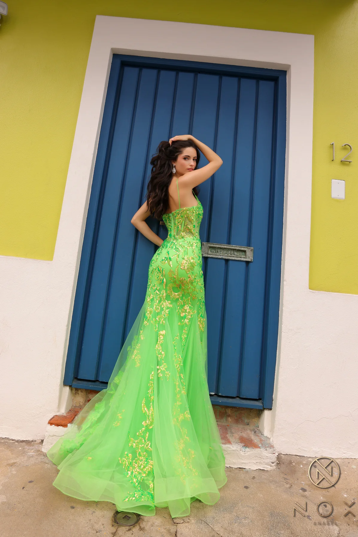 Nox Anabel Q1390 Long Sequin Sheer Corset Mermaid Prom Dress Neon Pageant Gown - Image 13