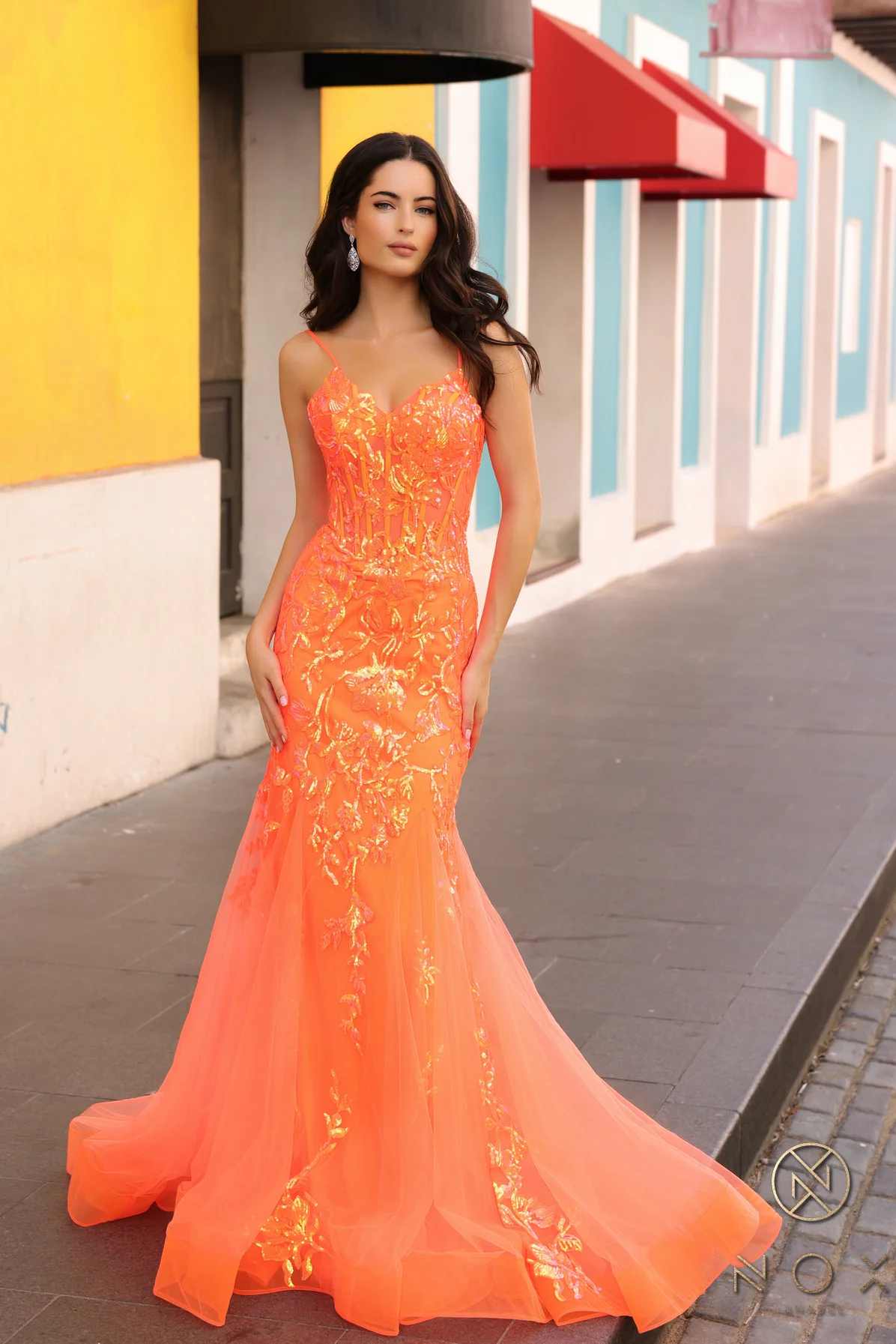 Nox Anabel Q1390 Long Sequin Sheer Corset Mermaid Prom Dress Neon Pageant Gown - Image 3